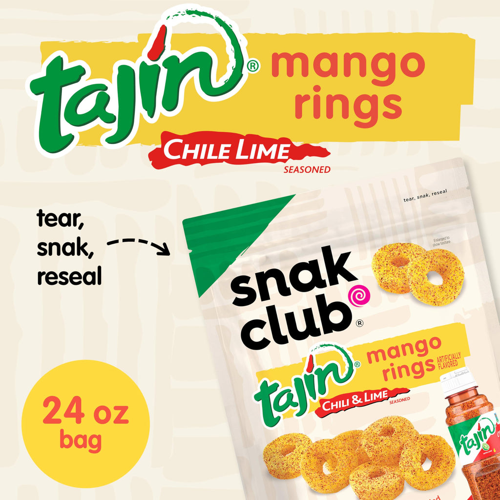 Snak Club Tajin Mango Rings Gummy Candy, Fruit Candy Gummies with Chili and Lime Seasoning, Mild, Gluten-Free and Vegan Snacks, 11 oz Resealable Bag