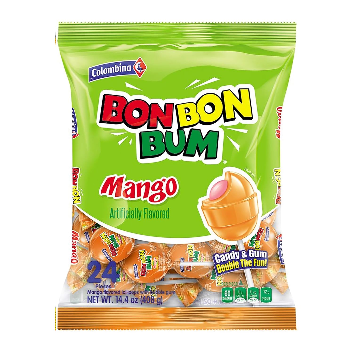 Colombina Bon Bon Bum Passion Fruit Lollipops, Tropical Fruit Hard Candy, Individually Wrapped Candy Pops for Parties, Candy Bowl Refill, Office or Classroom Rewards, 24 Count