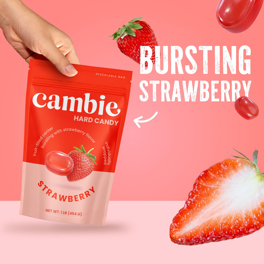 Strawberry Hard Candy Individually Wrapped by Cambie, 2 lbs of Strawberry Candy with a Deliciously Sweet Hard Exterior with a Soft, Fruit-Filled Center