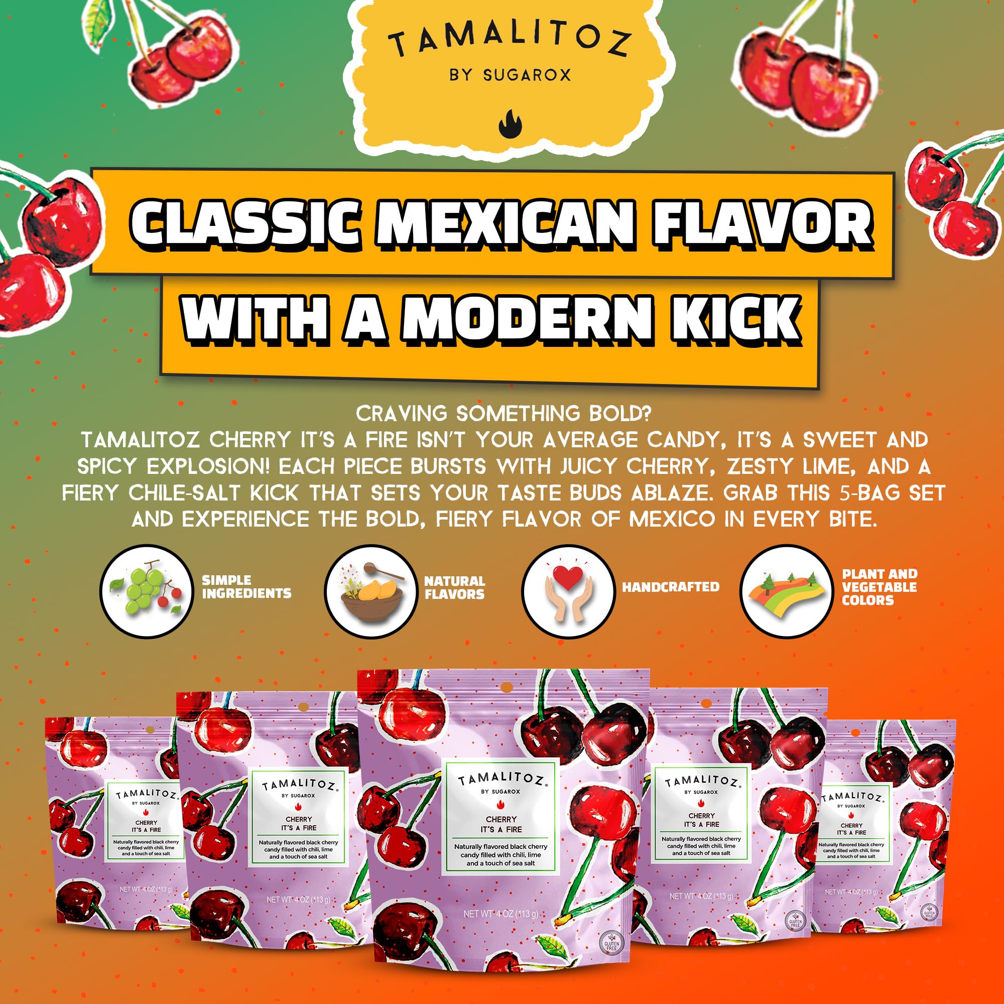 Tamalitoz Cherry, It’s a Fire – Spicy Cherry Mexican Hard Candy Filled with Chile, Lime & Sea Salt Center, Handcrafted Fruit Candy, Gluten-Free, Kosher, No Artificial Colors – 2 Bags (4oz Each)
