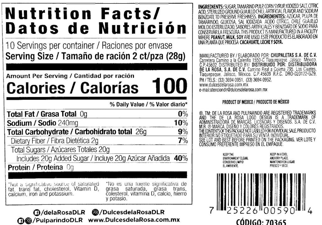 De la Rosa Pulparindo Chamoy Tamarind Candy Bars with Real Fruit, Hot and Salted, 20 Pieces, (Pack of 16)