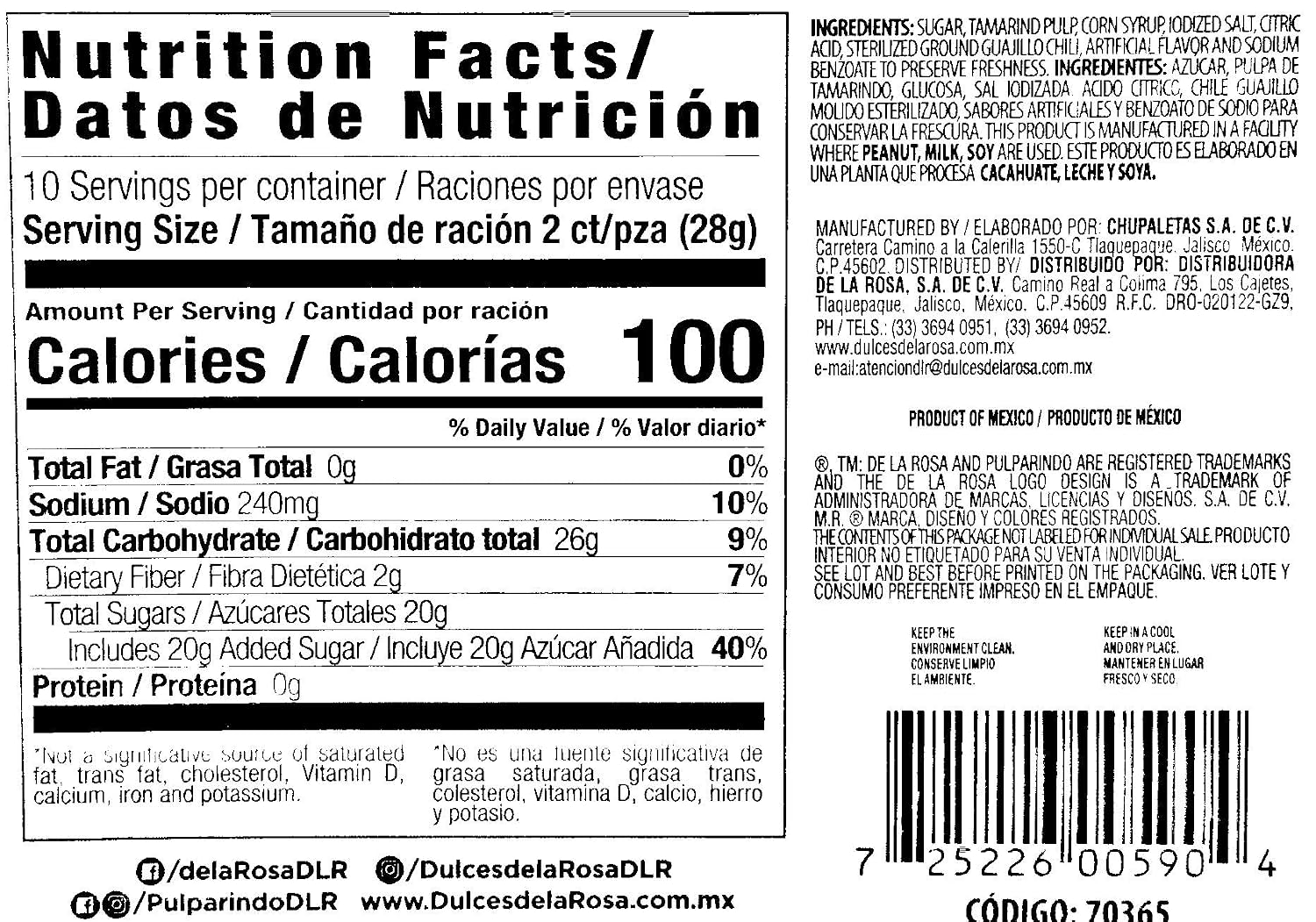 De la Rosa Pulparindo Chamoy Tamarind Candy Bars with Real Fruit, Hot and Salted, 20 Pieces, (Pack of 16)