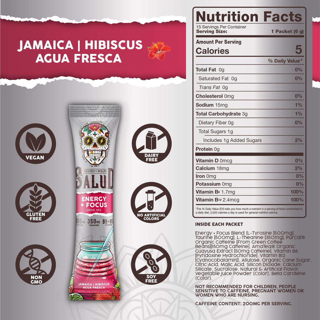 Salud x Jarritos 2-in-1 Energy Drink Powder + Focus, Lime, Organic Caffeine, B6 + B12, Theanine, Clean Energy Drink Packets, Limon Agua Fresca Mix, Non-GMO, Gluten Free, 1g of Sugar, (15 Servings)