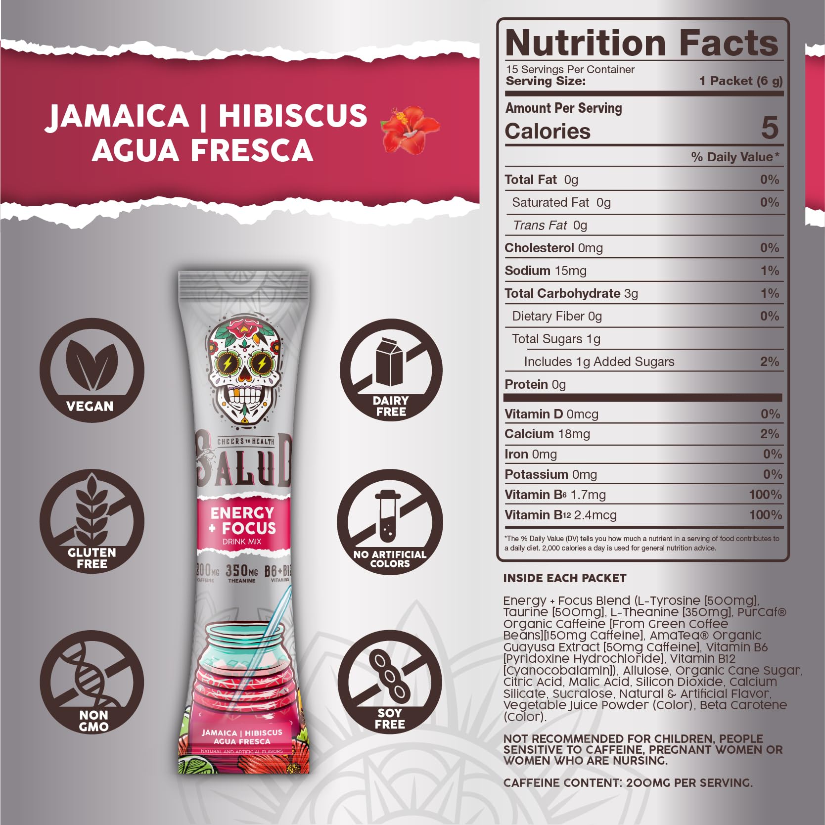 Salud x Jarritos 2-in-1 Energy Drink Powder + Focus, Lime, Organic Caffeine, B6 + B12, Theanine, Clean Energy Drink Packets, Limon Agua Fresca Mix, Non-GMO, Gluten Free, 1g of Sugar, (15 Servings)