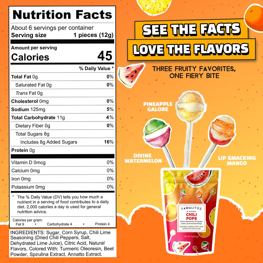 Tamalitoz Chili Pops Chamoy Spicy Mexican Lollipops with Chili, Lime, Sea Salt, Coconut, Tamarind & Cucumber Flavors Fruity Handcrafted Candy, Gluten-Free, Kosher, 2 Bags, (11oz)