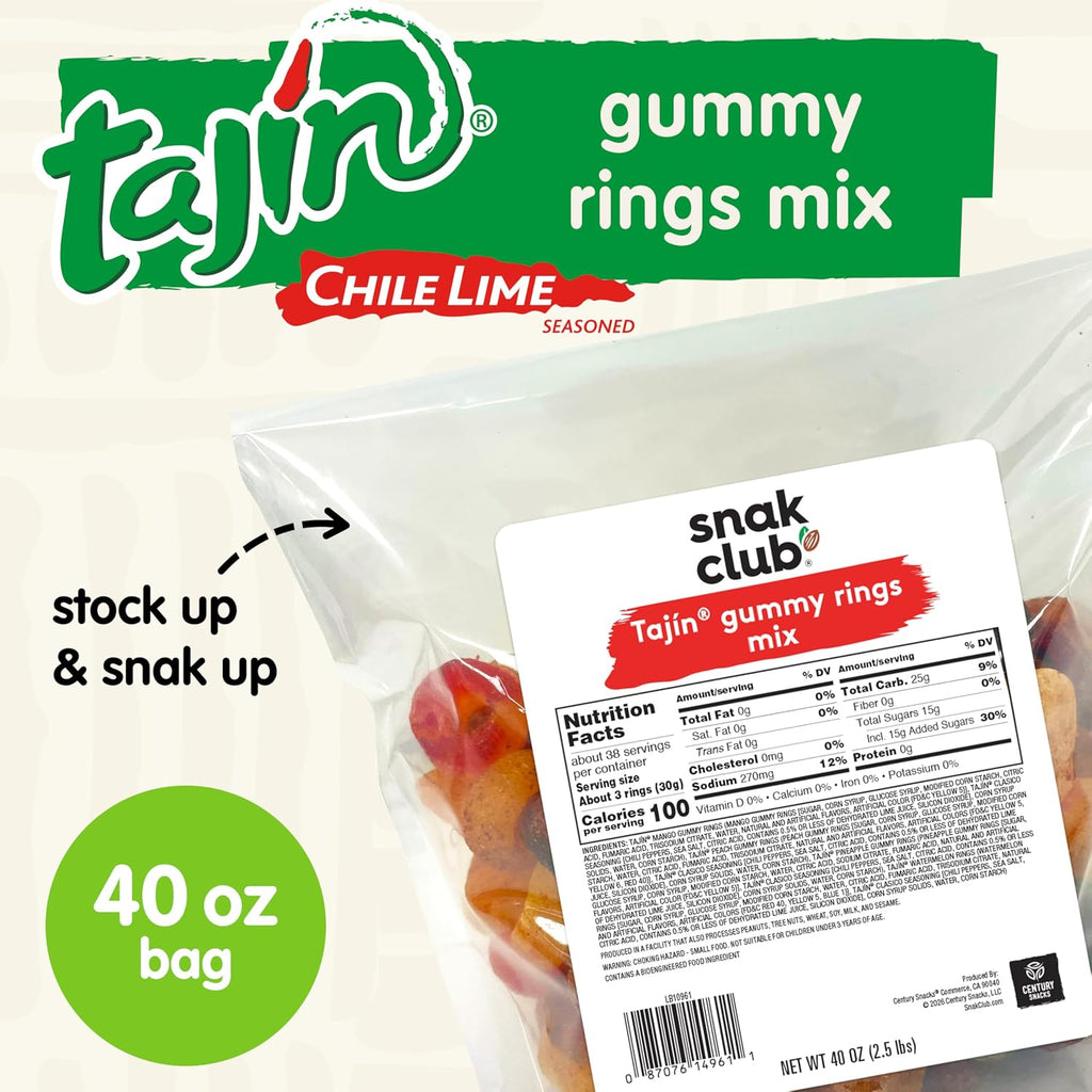 Snak Club Tajin Gummy Candy Fruit Rings, Gummies with Chili and Lime Seasoning, Mild Spice, Gluten-Free and Vegan Snacks, Assorted Bulk Candy Variety, Mango, Pineapple, Peach, Watermelon, 40 oz Bag