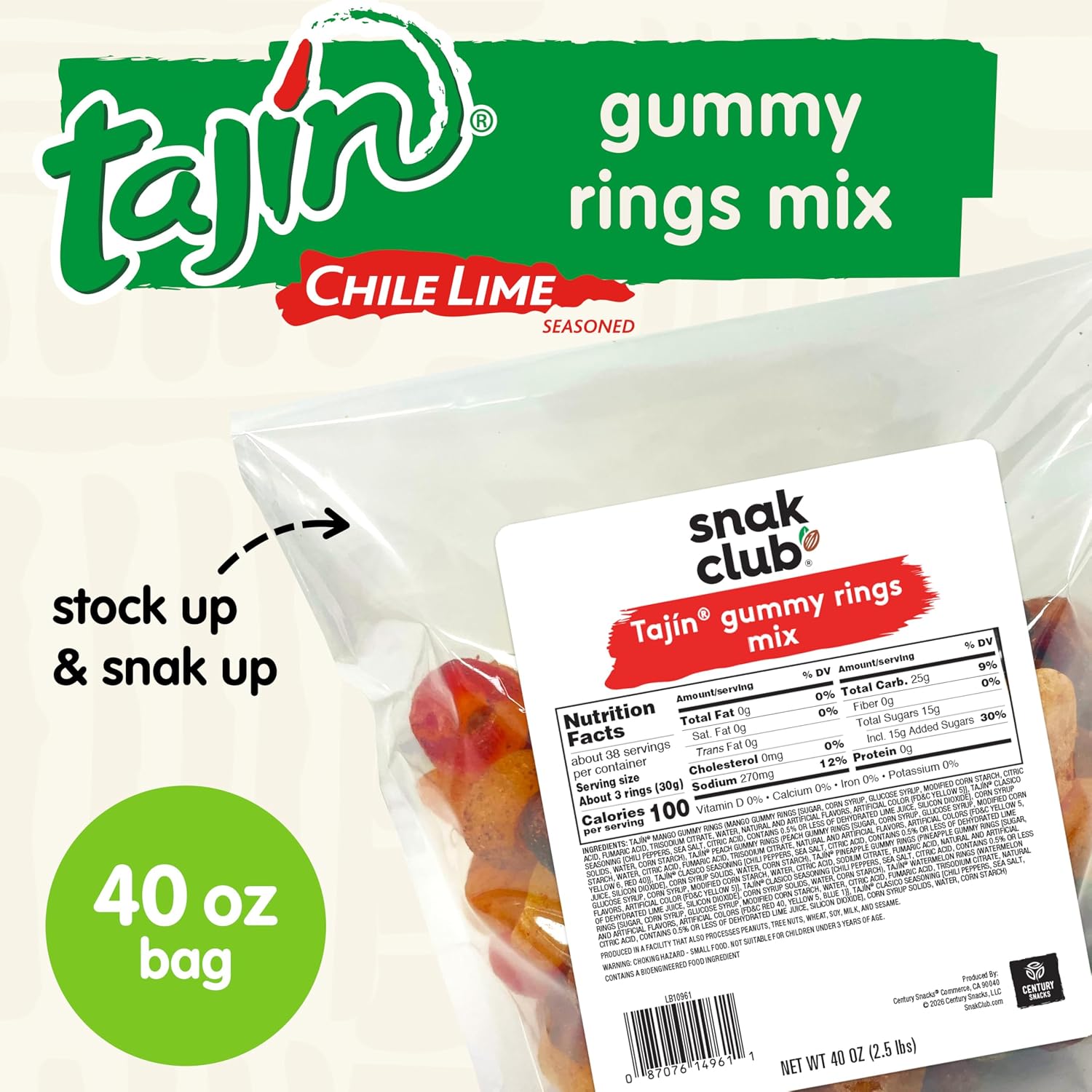 Snak Club Tajin Gummy Candy Fruit Rings, Gummies with Chili and Lime Seasoning, Mild Spice, Gluten-Free and Vegan Snacks, Assorted Bulk Candy Variety, Mango, Pineapple, Peach, Watermelon, 40 oz Bag