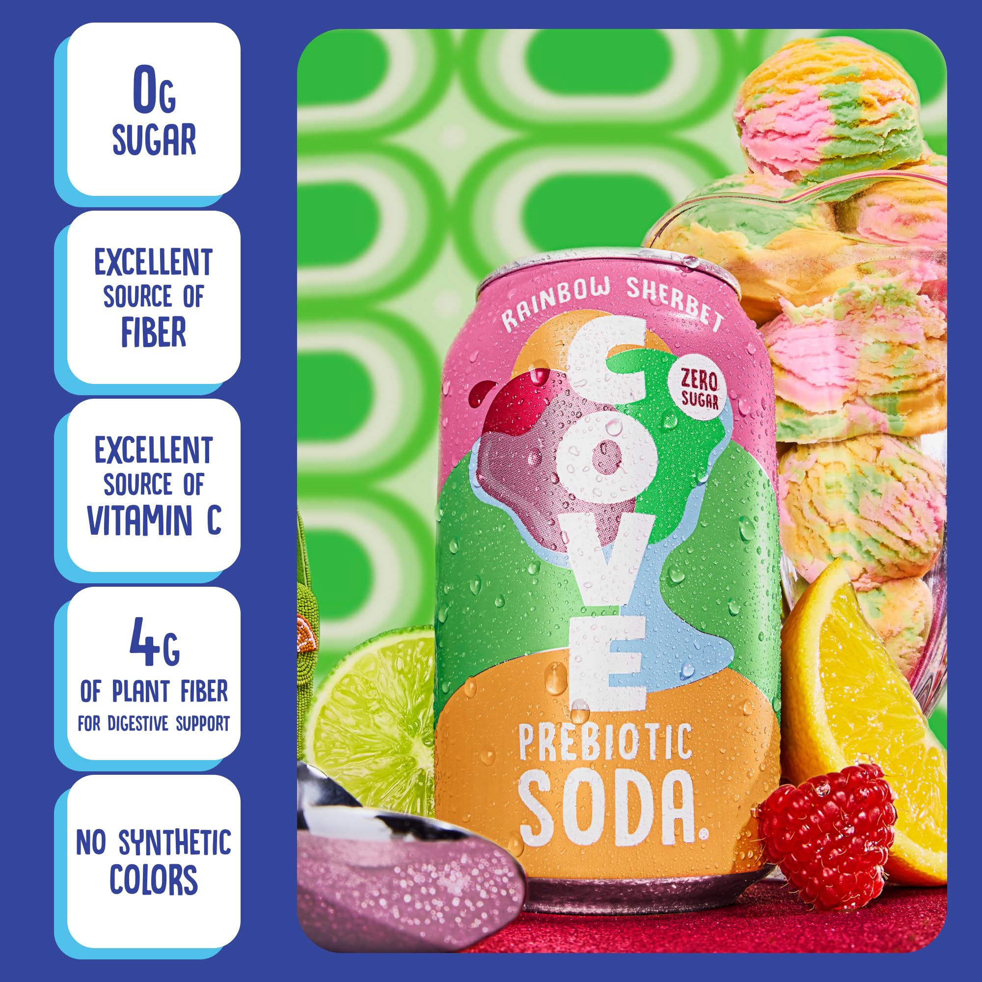 Cove Prebiotic Soda Soft Drinks with Zero Sugar - Refreshing Healthy Soda Alternative with 4g of Fiber for Digestive Support - Natural, Caffeine Free Sparkling Beverage - Frozen Favorites, 12 Pack