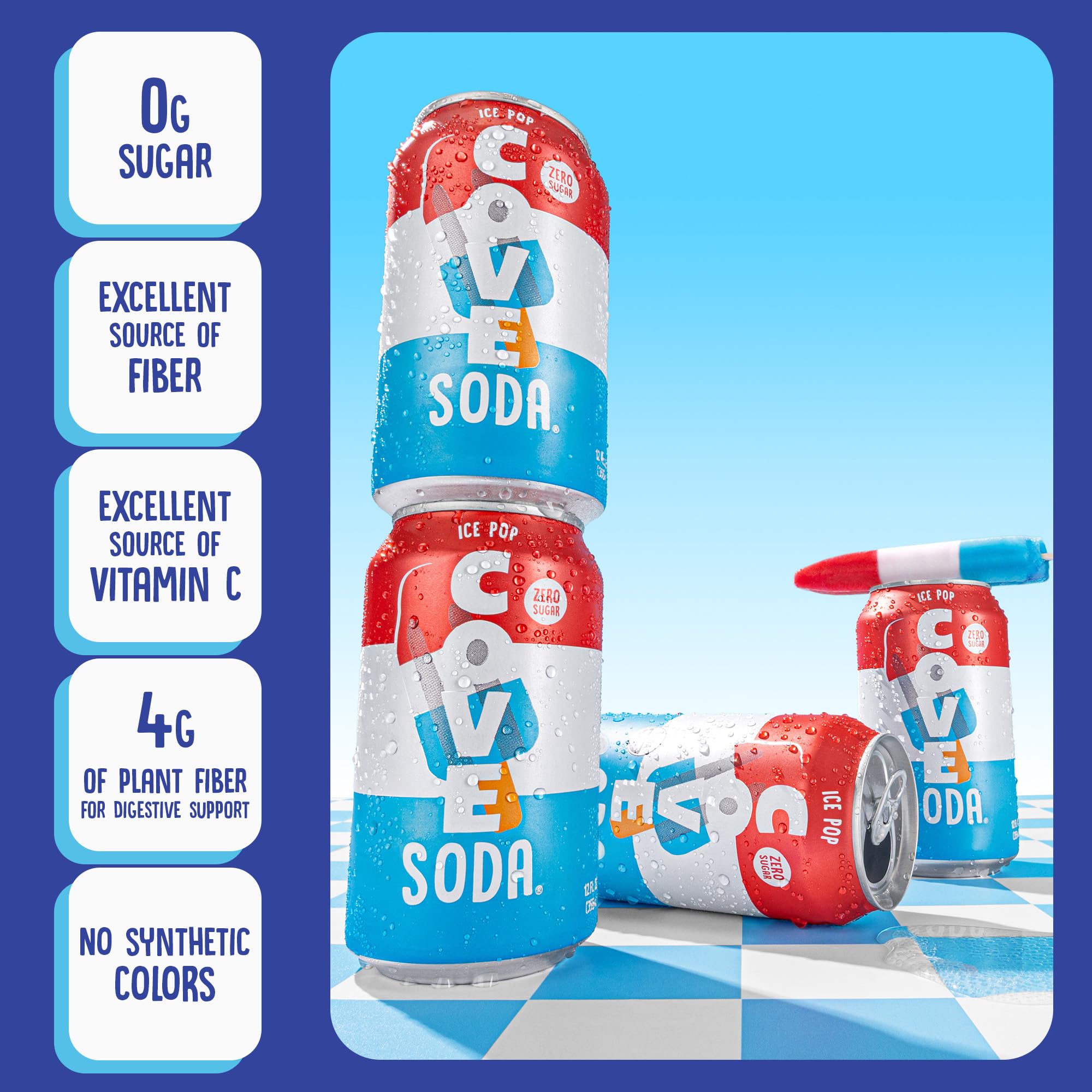 Cove Prebiotic Soda Soft Drinks with Zero Sugar - Refreshing Healthy Soda Alternative with 4g of Fiber for Digestive Support - Natural, Caffeine Free Sparkling Beverage - Frozen Favorites, 12 Pack