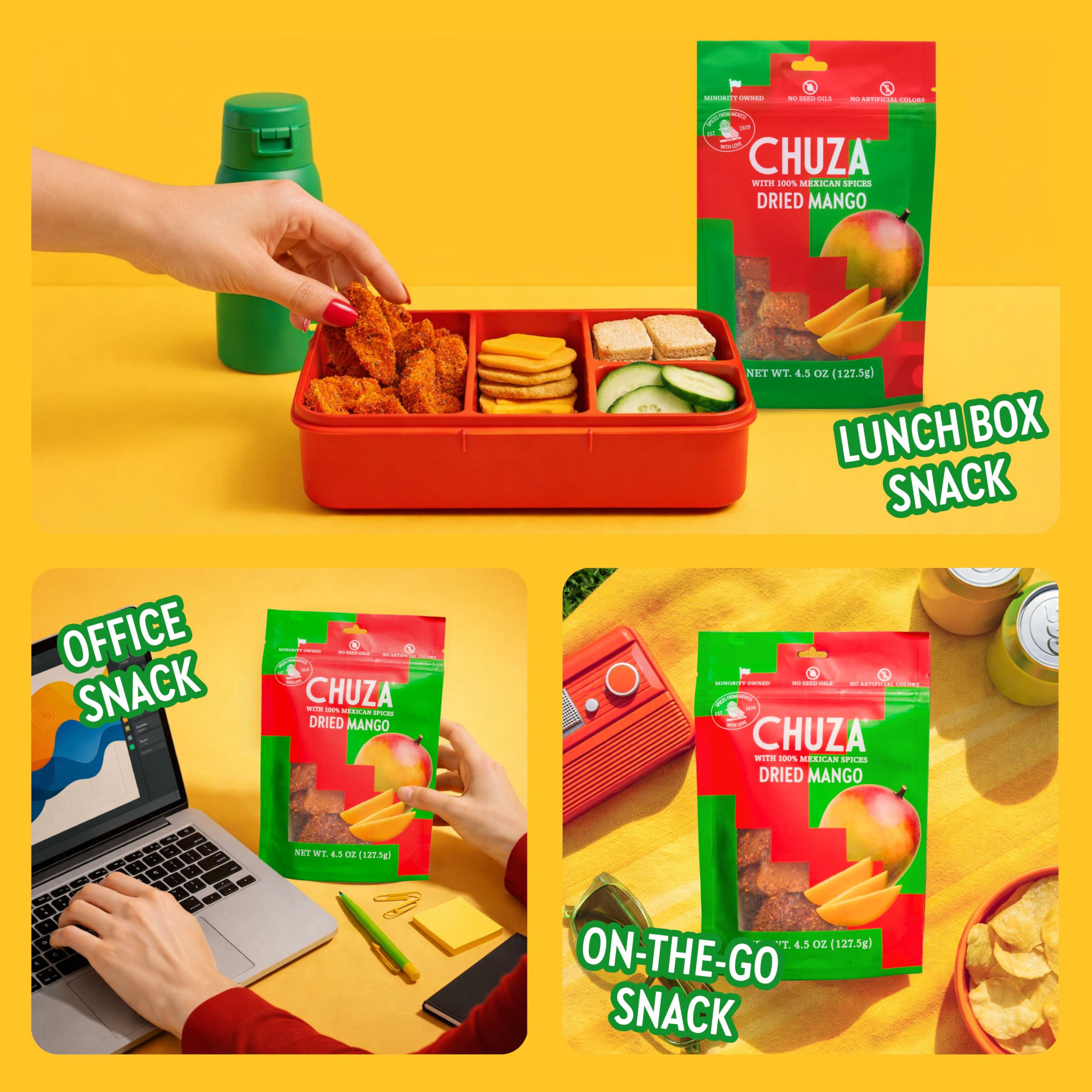 CHUZA Spicy Dried Mango Snacks Bites (4.5 oz. Pack of 2) – Mexican Candy Style Sweet Chili Dried Mango, with Chili Seasoning, Chili Powder, Dried Fruit Snacks, Spicy Snacks