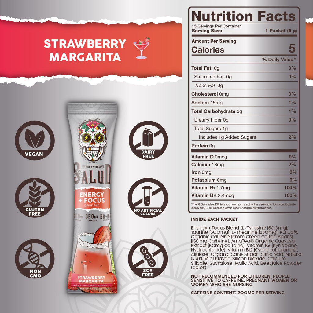Salud x Jarritos 2-in-1 Energy Drink Powder + Focus, Lime, Organic Caffeine, B6 + B12, Theanine, Clean Energy Drink Packets, Limon Agua Fresca Mix, Non-GMO, Gluten Free, 1g of Sugar, (15 Servings)
