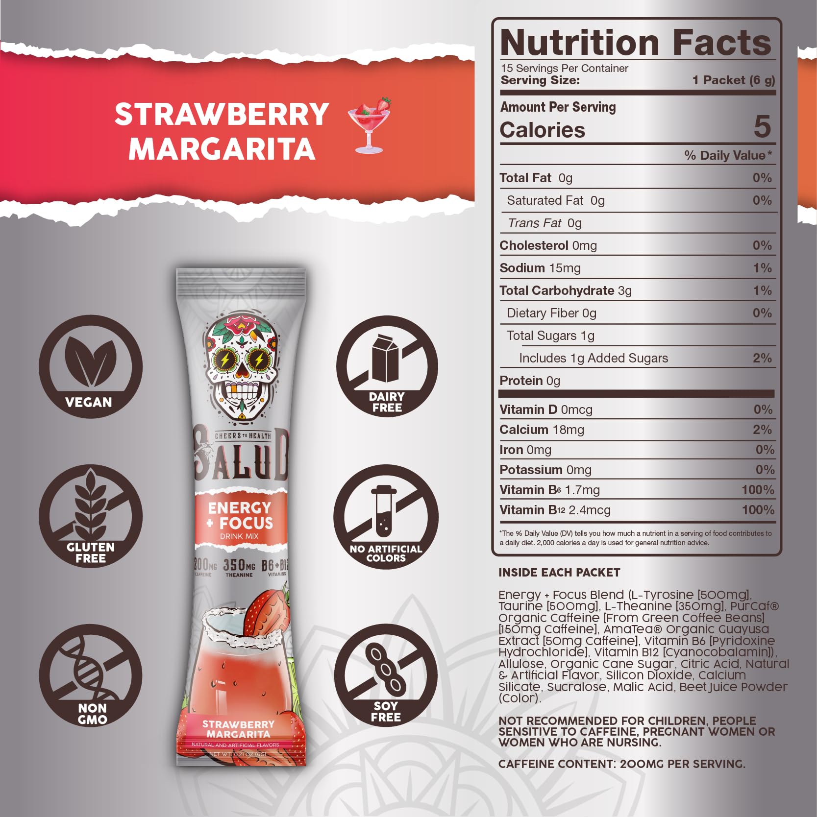 Salud x Jarritos 2-in-1 Energy Drink Powder + Focus, Lime, Organic Caffeine, B6 + B12, Theanine, Clean Energy Drink Packets, Limon Agua Fresca Mix, Non-GMO, Gluten Free, 1g of Sugar, (15 Servings)