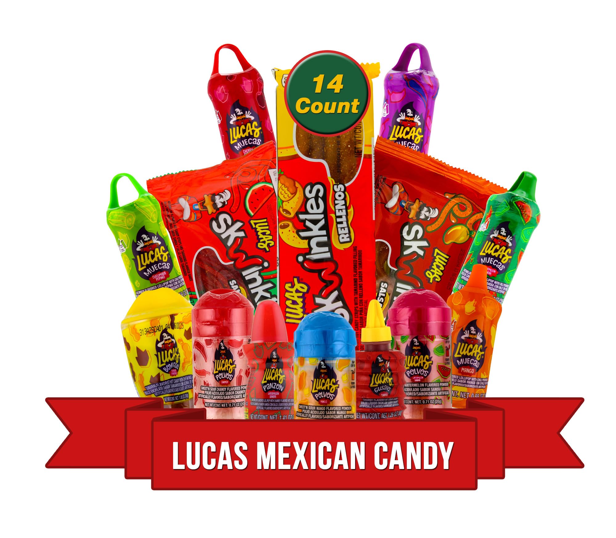 Lucas Mexican Candy Mix (14 Count) Variety of Sour, Sweet, Spicy, Include Lucas Skwinkles, Pelucas, Lucas Muecas, Baby Lucas, Gusano, Salsagheti by LookOn