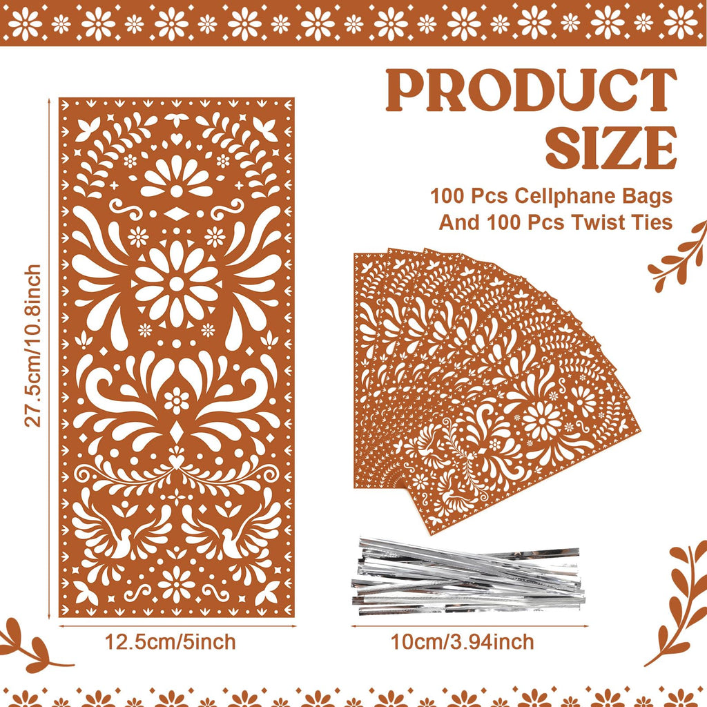 Funrous 100 Pcs Cielito Lindo Candy Bags Mexican Fiesta Gift Bags with Twist Ties Cinco De Mayo Party Favors Barro Candy Sack Talavera Sack for Mexican Wedding Fiesta Party Supplies(Brown Series)