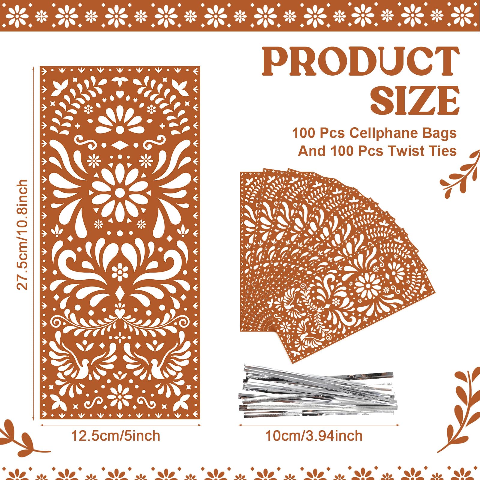 Funrous 100 Pcs Cielito Lindo Candy Bags Mexican Fiesta Gift Bags with Twist Ties Cinco De Mayo Party Favors Barro Candy Sack Talavera Sack for Mexican Wedding Fiesta Party Supplies(Brown Series)