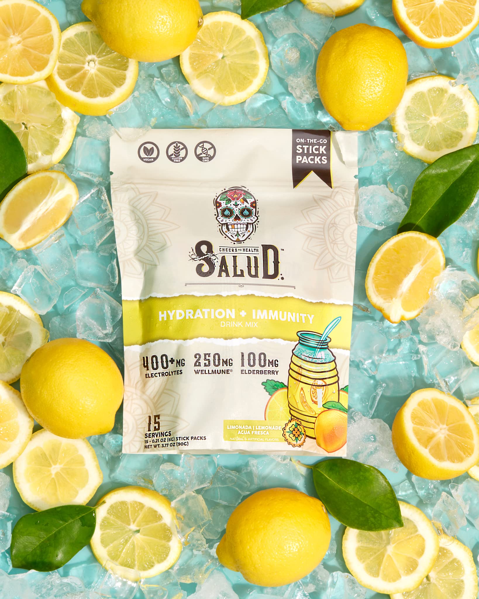 Salud x Jarritos 2-in-1 Hydration Packets + Immunity Electrolytes Powder, Guava - Agua Fresca Drink Mix, Elderberry, Dairy & Soy Free, Non-GMO, Gluten Free, Vegan, 1g Sugar (15 Servings)