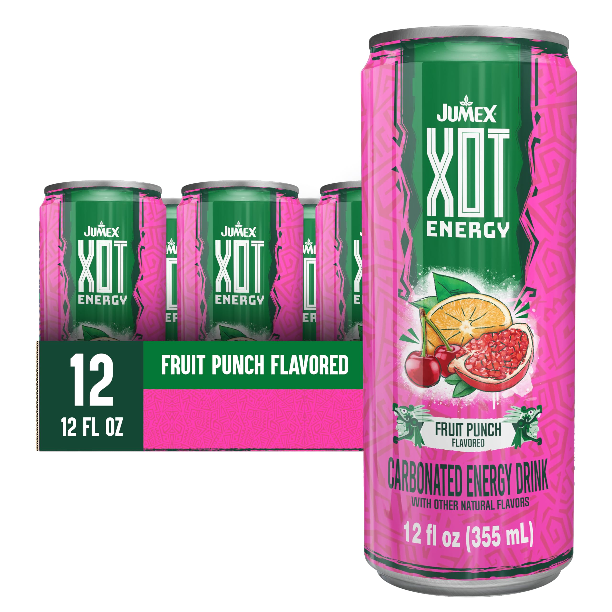 Jumex XOT Energy Drink - Fruit Punch - Natural Caffeine from Mexican Coffee Beans - Carbonated Preworkout with Vitamin B2, B3, B5, B12 - Mexican Drinks - Bebidas Energéticas - 12 Fl oz, 12 Pack Cans
