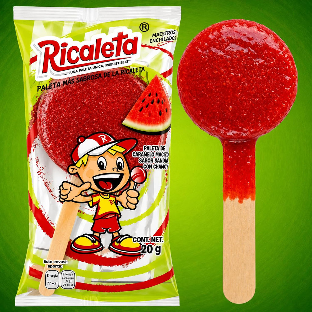 Ricaleta Paletas Sabor Sandia Watermelon Tamarindo Candy Box, Spicy Candy Style Tamarindo Candies for Parties, Kids Treat Bags, Pinatas and Fun Snacking, 25 Count Individually Wrapped