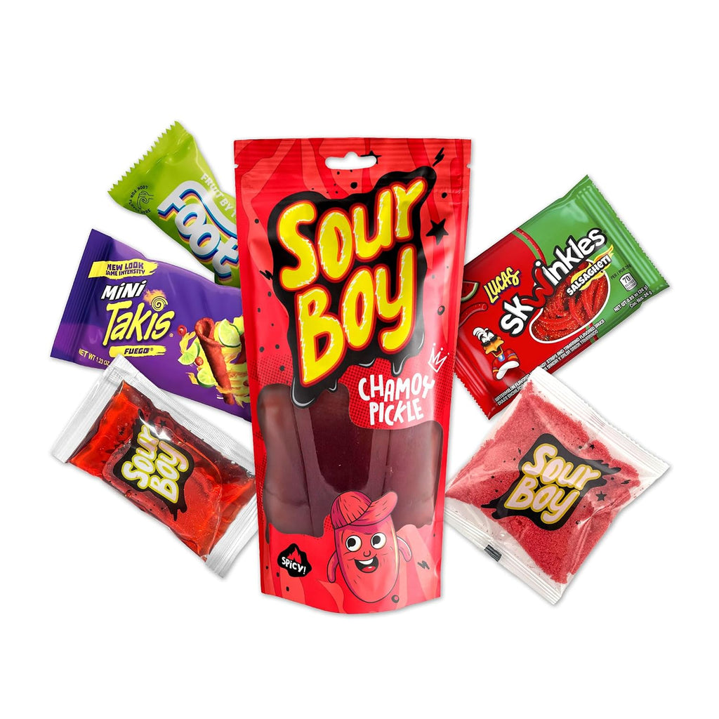 SourBoy Chamoy Pickle Kit Essentials – Jumbo Chamoy Pickle with Spicy & Sour Candy, Chamoy Sour Powder and Liquid – 6-Piece Mexican Candy Snack Box
