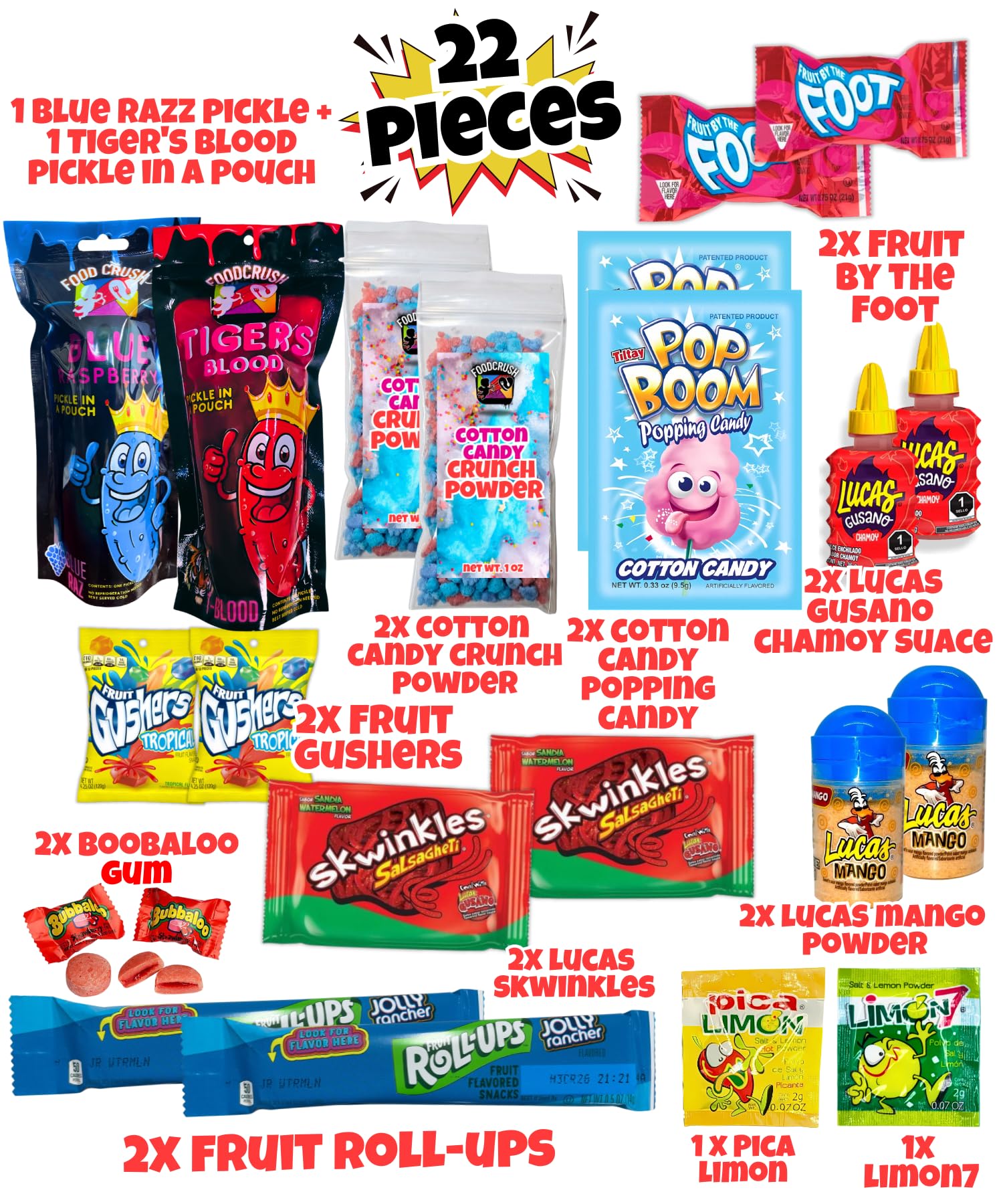 Chamoy Pickle Kit For 2 + Blue Raspberry Pickle Kit-(22 Pieces) Tiktok Candy Gift w Fruit Roll ups, skwinkles & other Mexican candy. Christmas gifts for kids, teen girl, boy