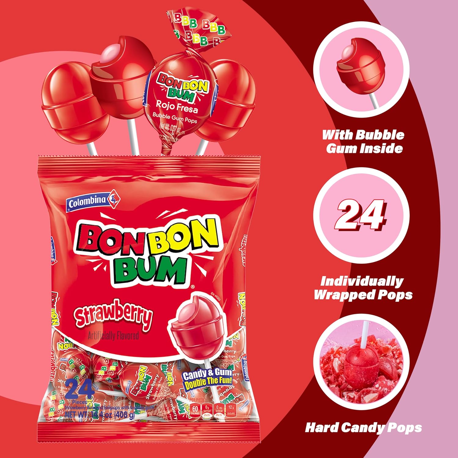 Colombina Bon Bon Bum Passion Fruit Lollipops, Tropical Fruit Hard Candy, Individually Wrapped Candy Pops for Parties, Candy Bowl Refill, Office or Classroom Rewards, 24 Count