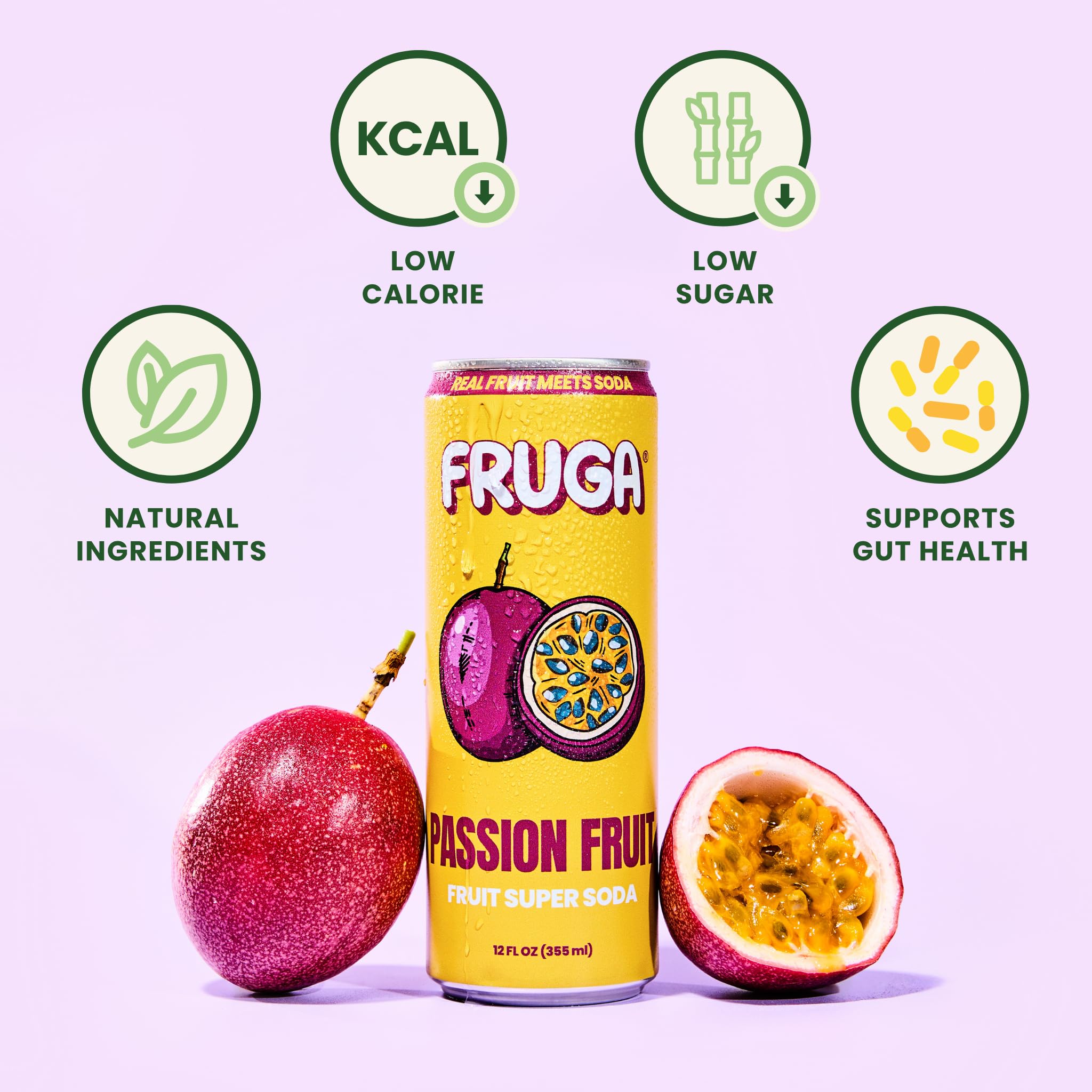 FRUGA Four Real Mix Fruit Soda Pack, Prebiotic Soda Pop Drinks, 12 Pack