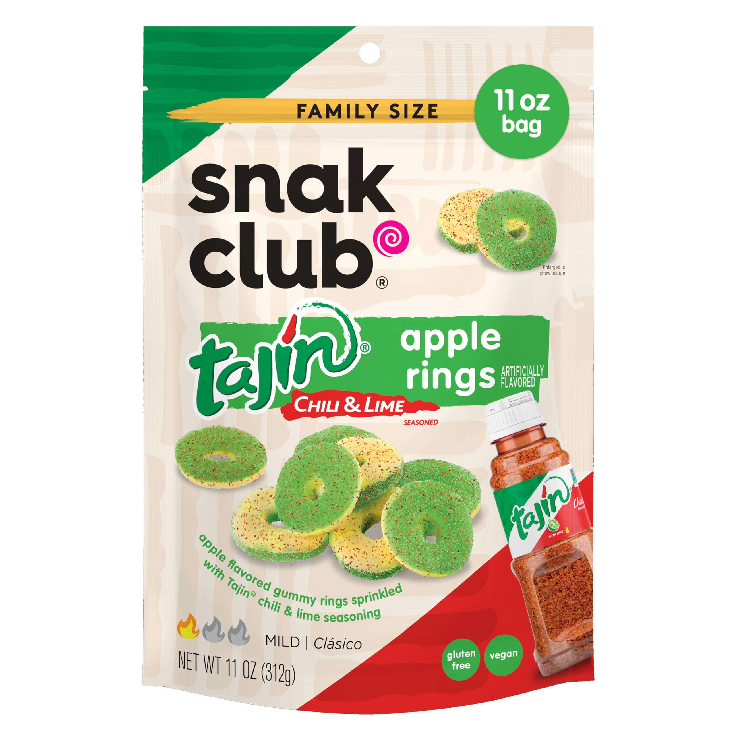 Snak Club Tajin Mango Rings Gummy Candy, Fruit Candy Gummies with Chili and Lime Seasoning, Mild, Gluten-Free and Vegan Snacks, 24 oz Resealable Bag