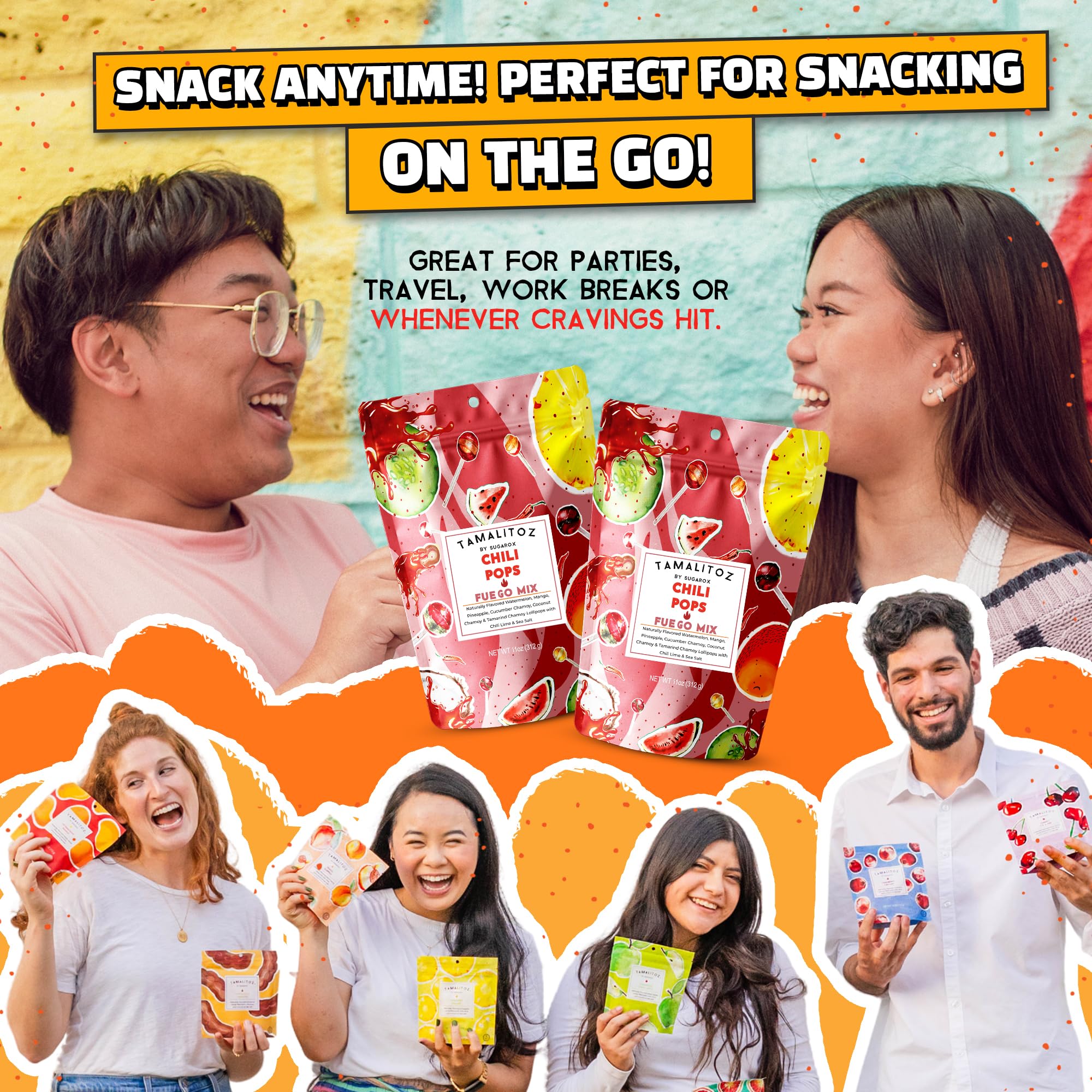 Tamalitoz Chili Pops Chamoy Spicy Mexican Lollipops with Chili, Lime, Sea Salt, Coconut, Tamarind & Cucumber Flavors Fruity Handcrafted Candy, Gluten-Free, Kosher, 2 Bags, (11oz)