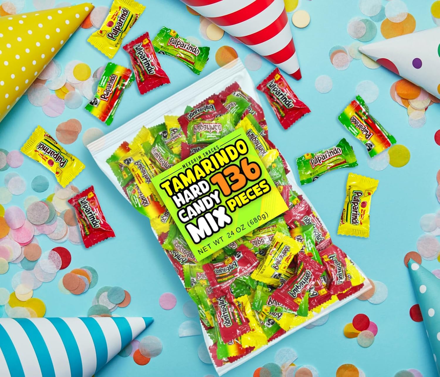 Mexgrim Mexican Hard Candy Variety Bulk Pack with 136 Tamarindo Hardcandy, Dulces Mexicanos, Individually Wrapped Candies, Piñata Candy, Mix Flavors: Mango, Tamarind, Watermelon & Spicy Chamoy