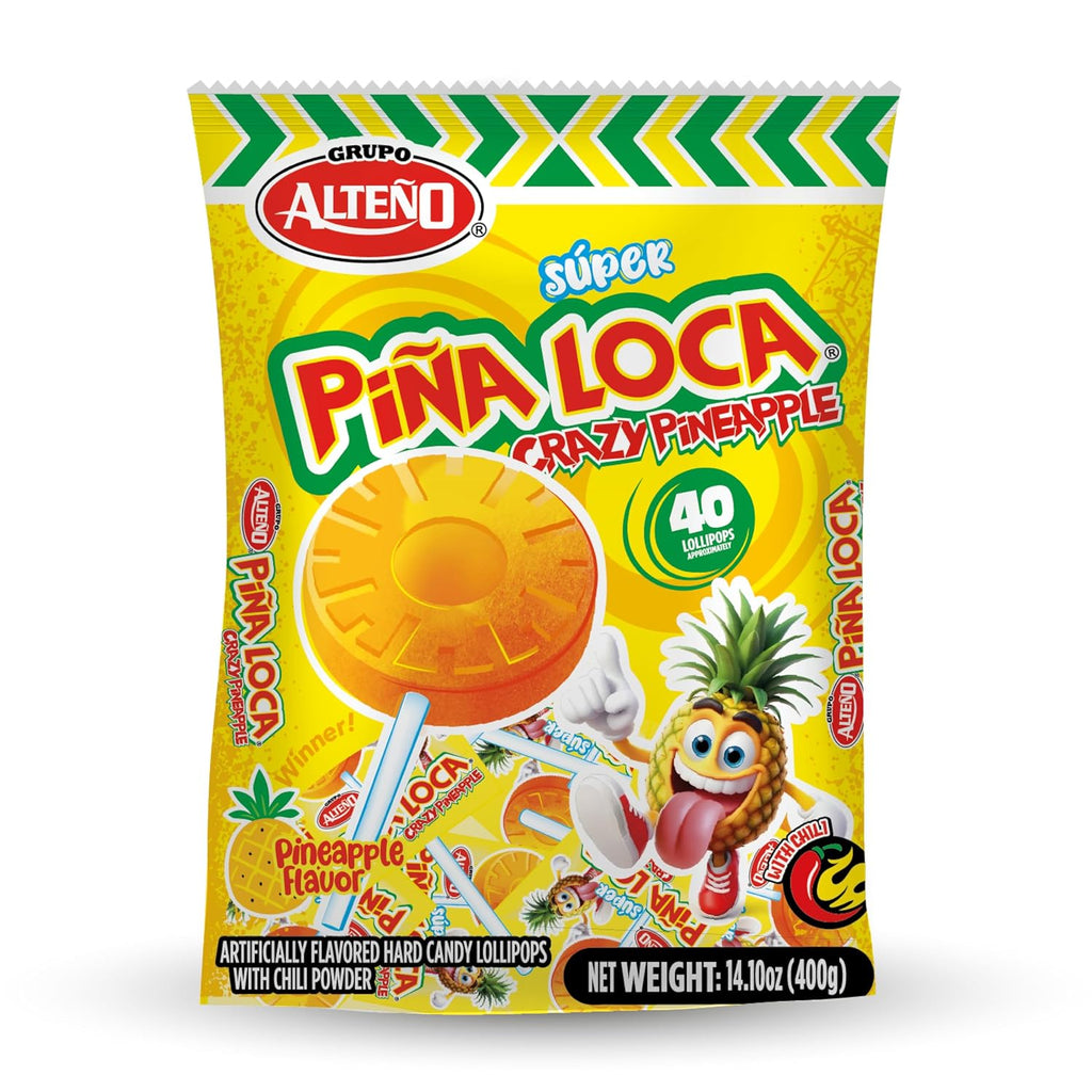 Alteño (Alteno) Super Piña Loca Pineapple Chili Lollipops, Mexican Style Spicy Hard Candy, Individually Wrapped, 40 Count