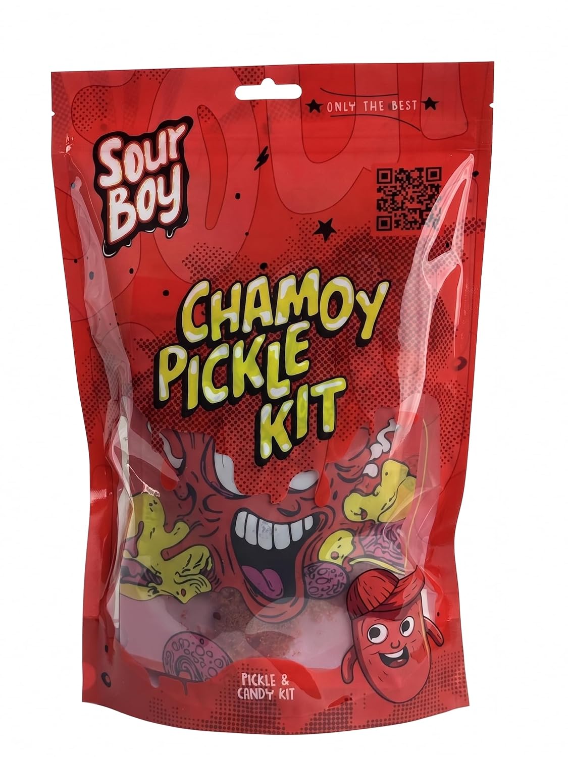SourBoy Chamoy Pickle Kit Essentials – Jumbo Chamoy Pickle with Spicy & Sour Candy, Chamoy Sour Powder and Liquid – 6-Piece Mexican Candy Snack Box