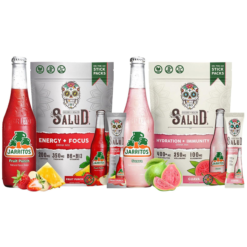 Salud x Jarritos 2-Pack | 2-in-1 Energy + Focus (Fruit Punch) & Hydration + Immunity (Guava) – 15 Servings Each, Agua Fresca Drink Mix, Non-GMO, Gluten Free, Vegan, Low Calorie, 1g of Sugar