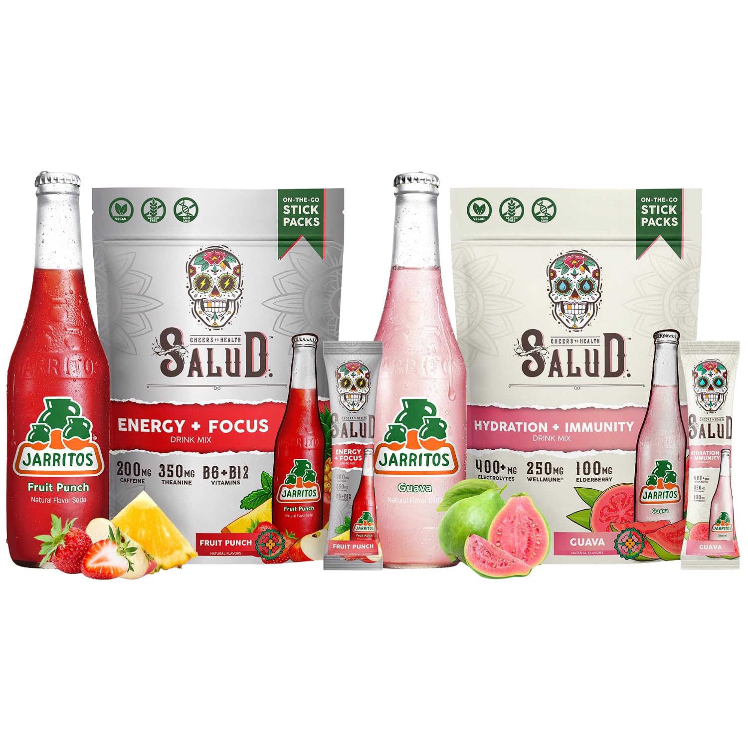 Salud x Jarritos 2-Pack | 2-in-1 Energy + Focus (Fruit Punch) & Hydration + Immunity (Guava) – 15 Servings Each, Agua Fresca Drink Mix, Non-GMO, Gluten Free, Vegan, Low Calorie, 1g of Sugar