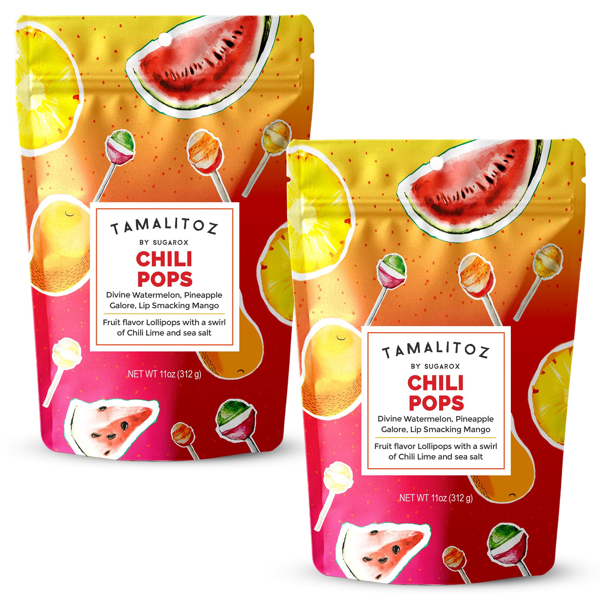 Tamalitoz Chili Pops Chamoy Spicy Mexican Lollipops with Chili, Lime, Sea Salt, Coconut, Tamarind & Cucumber Flavors Fruity Handcrafted Candy, Gluten-Free, Kosher, 2 Bags, (11oz)