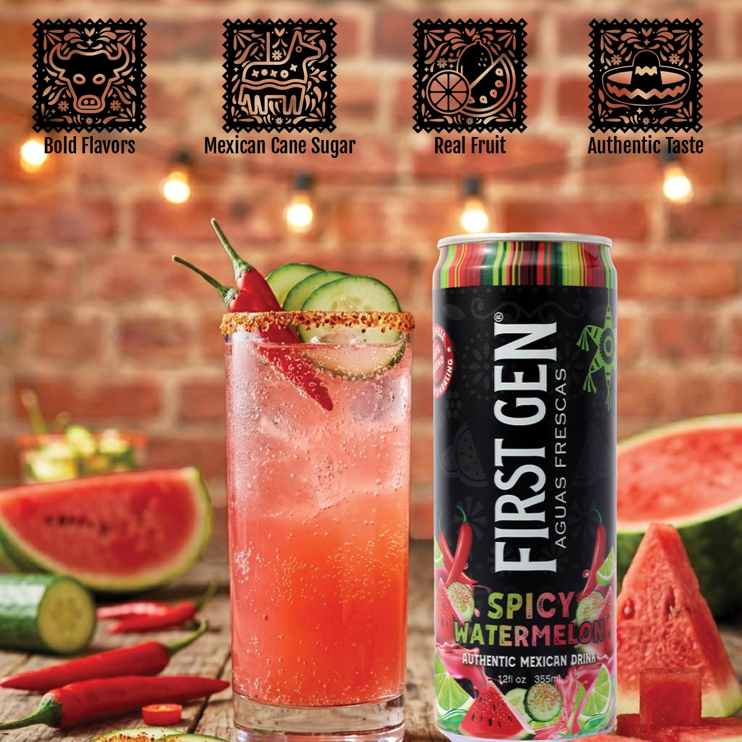 Drink Mexican Spicy Watermelon Drink – Non Carbonated, Non-Alc, Caffeine Free Aguas Frescas with Real Watermelon Juice & Chili Peppers, Sweet Tangy Salty Flavor- First Gen Authentic Mexican Watermelon Fruit Juice Drink - 12 fl oz Cans, 6 Pack