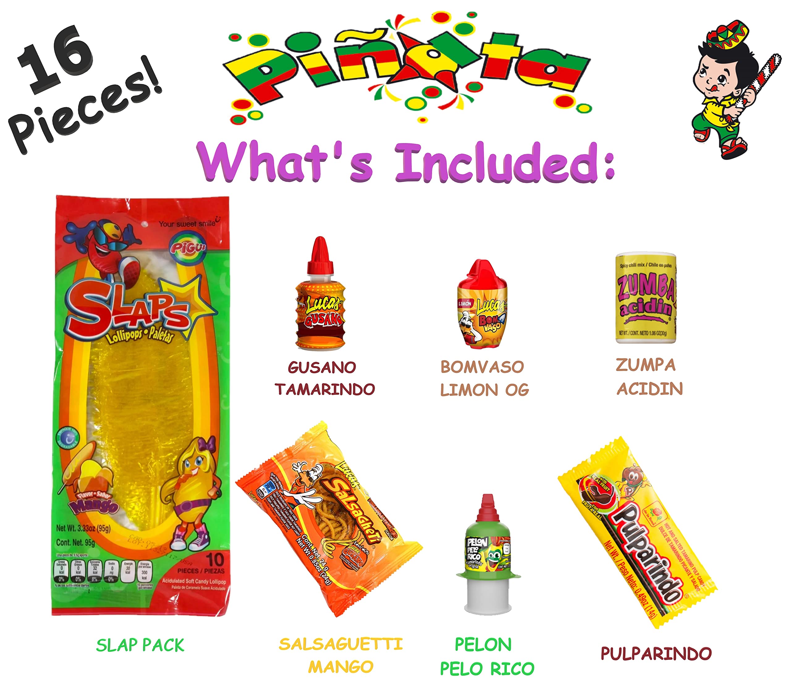 Pinata Mexican Candy Box (Tik Tok Slap Pack Tamarindo (9.9 Ounces)(16 Pieces) Slaps Lollipop Candy DIY Kit