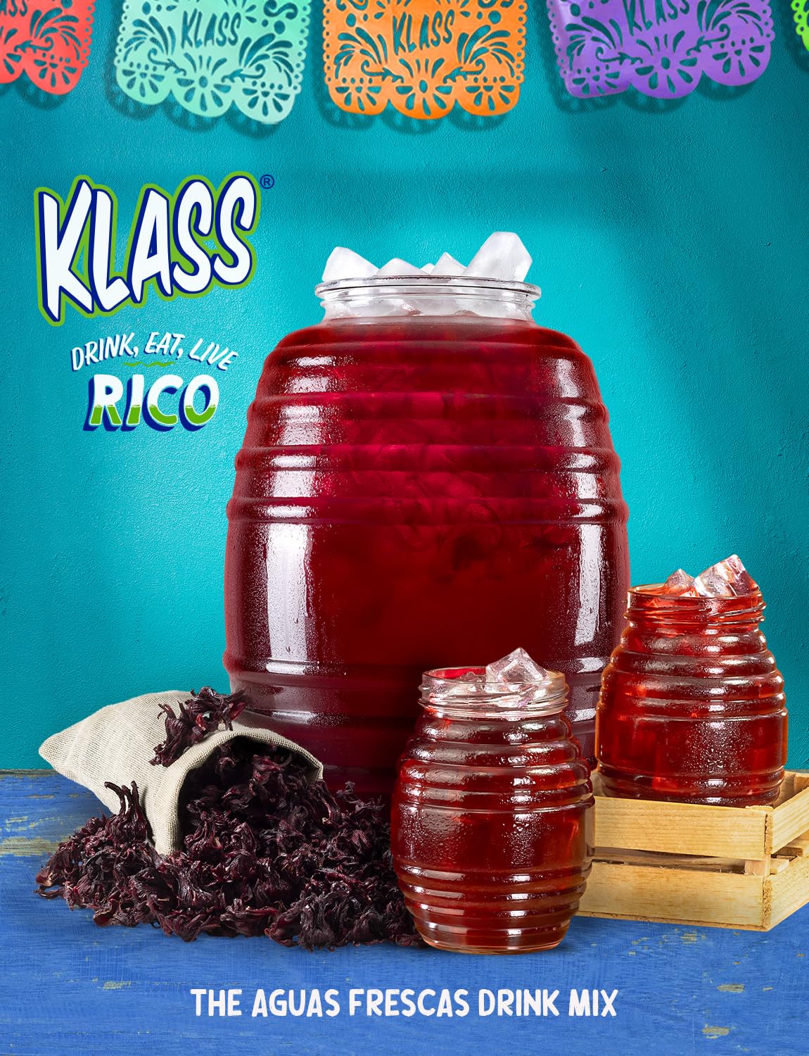 Klass Aguas Frescas Drink Mix Mexican Variety Pack - Horchata Limeade Hibiscus & Tamarind - Powder Drink Mix, Water Drink Mix with Natural Flavors & Vitamin C, Makes 28 to 36 Quarts (56 to 72 Drinks)