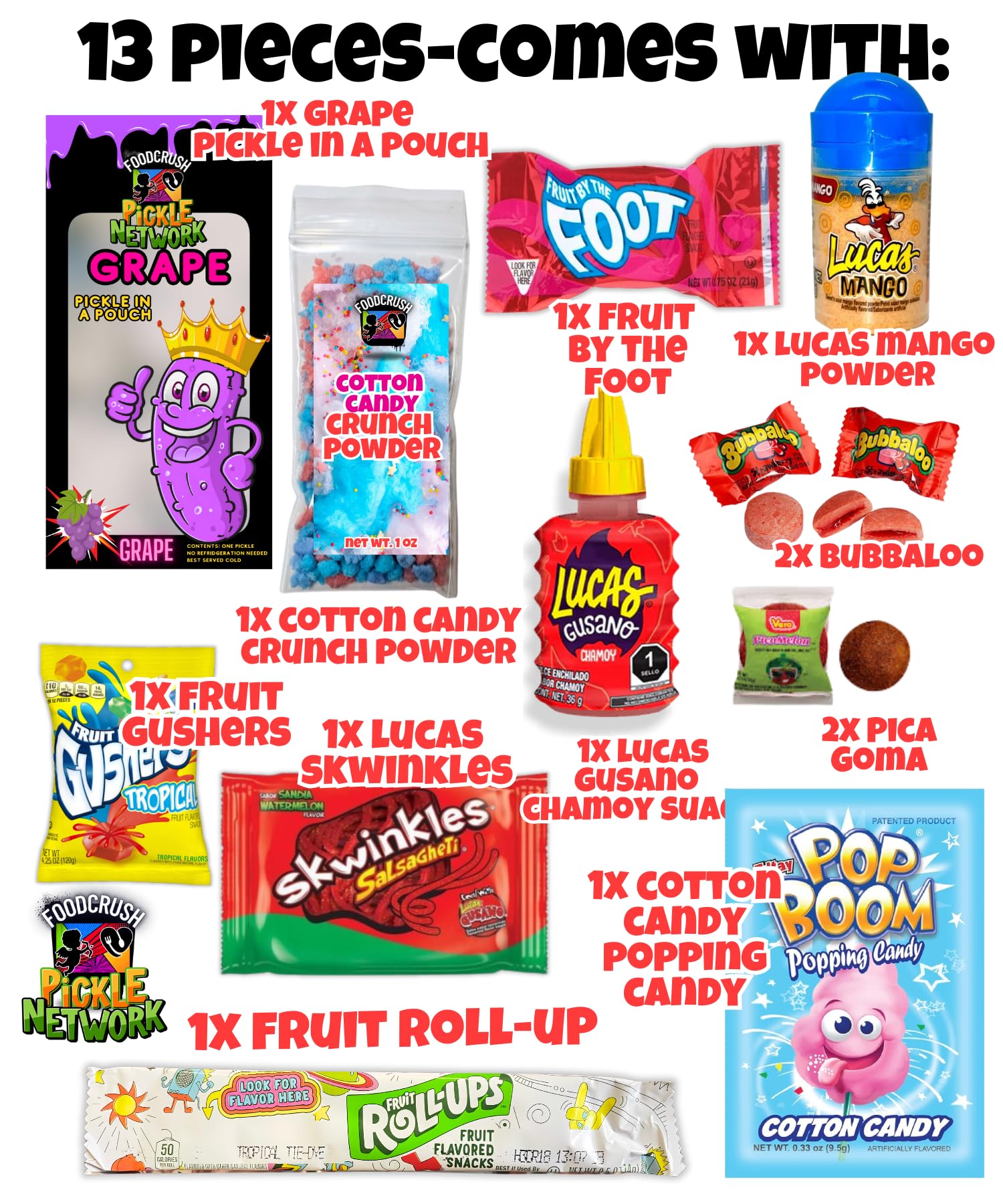 Blue Raspberry Pickle Kit With Takis-Mexican Candy Gift Box From Tiktok Fruit Rollup, Lucas Gusano Chamoy, Lucas Swinkles Salsagheti, Gushers, Mango Candy Powder-Tiktok Trend Item by Food Crush
