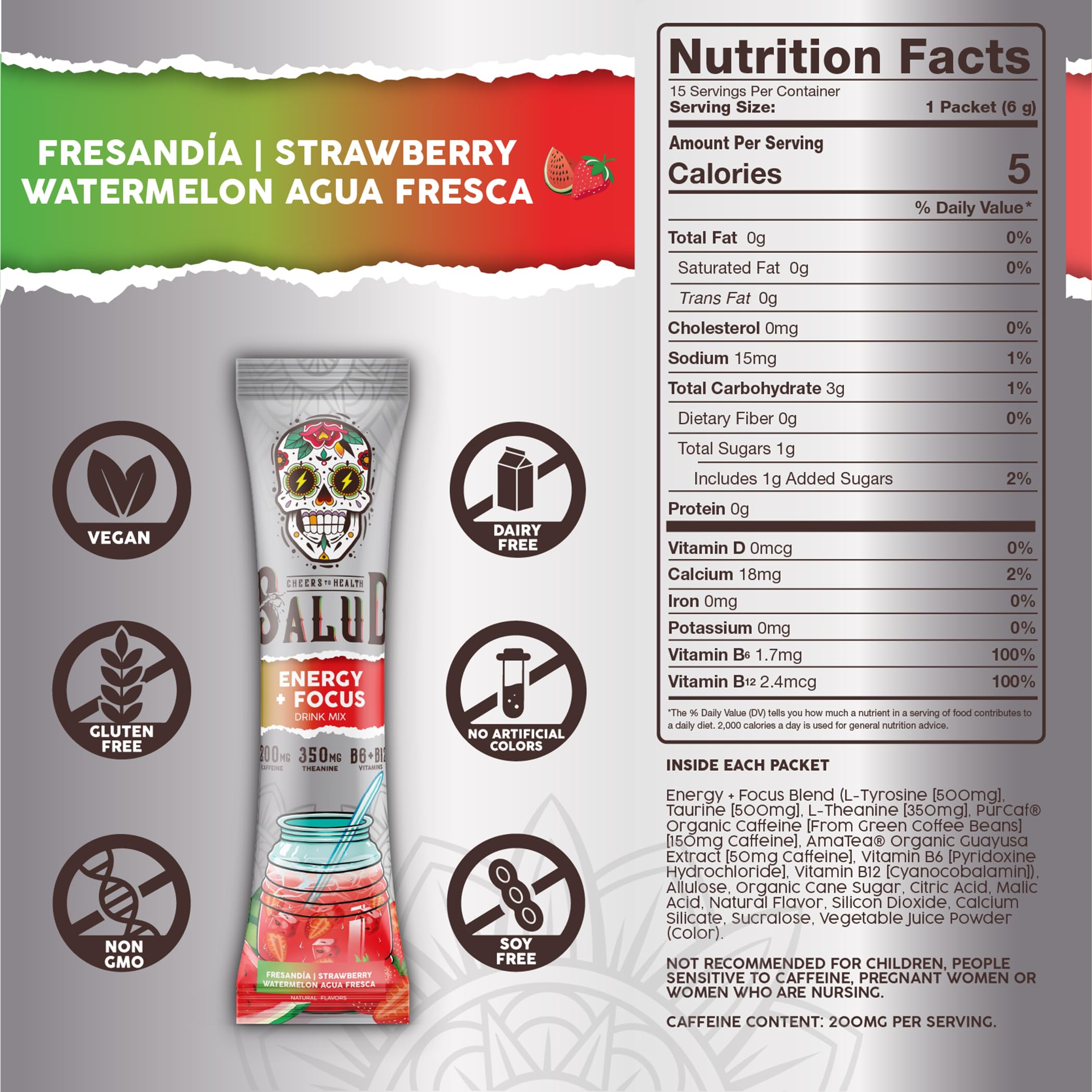 Salud x Jarritos 2-in-1 Energy Drink Powder + Focus, Lime, Organic Caffeine, B6 + B12, Theanine, Clean Energy Drink Packets, Limon Agua Fresca Mix, Non-GMO, Gluten Free, 1g of Sugar, (15 Servings)
