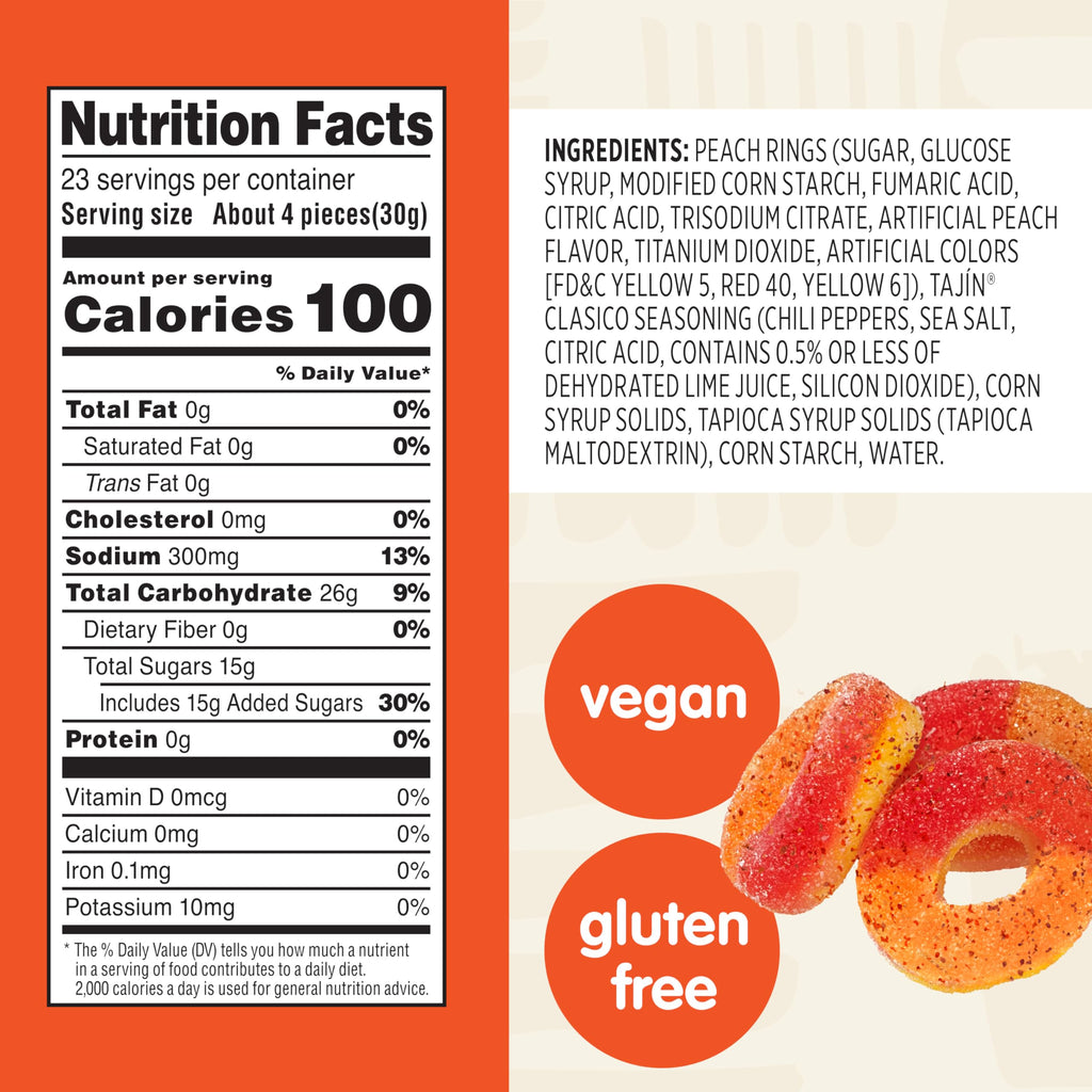 Snak Club Tajin Mango Rings Gummy Candy, Fruit Candy Gummies with Chili and Lime Seasoning, Mild, Gluten-Free and Vegan Snacks, 11 oz Resealable Bag
