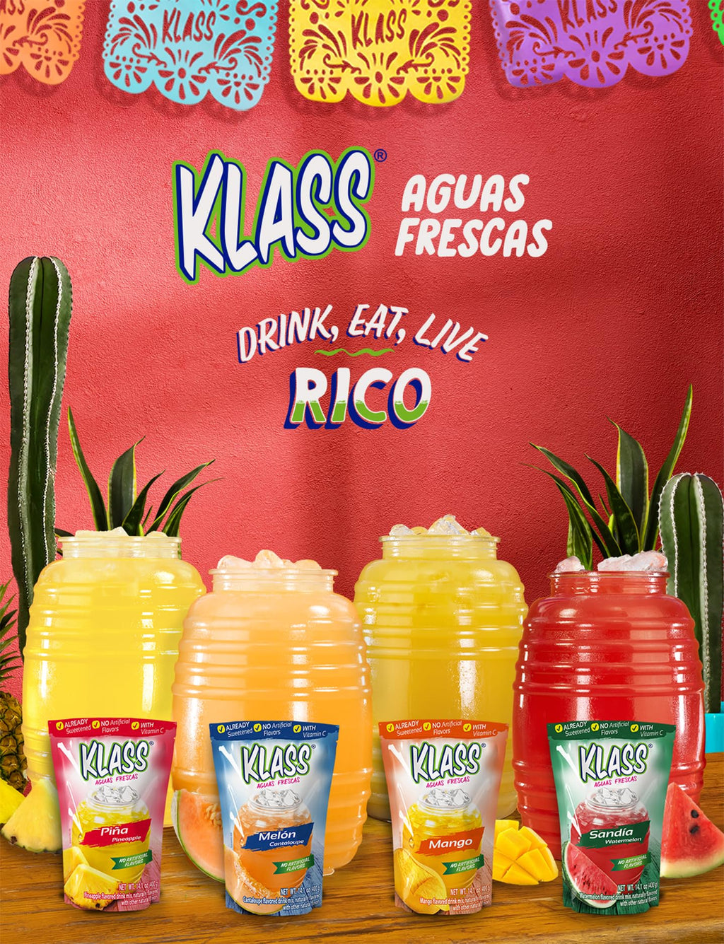 Klass Aguas Frescas Drink Mix Tropical Variety Pack - Strawberry, Grape, Tropical Punch & Orange - Powder Drink Mix, Water Drink Mix with Natural Flavors & Vitamin C, Makes 28 to 36 Quarts (56 to 72 Drinks)