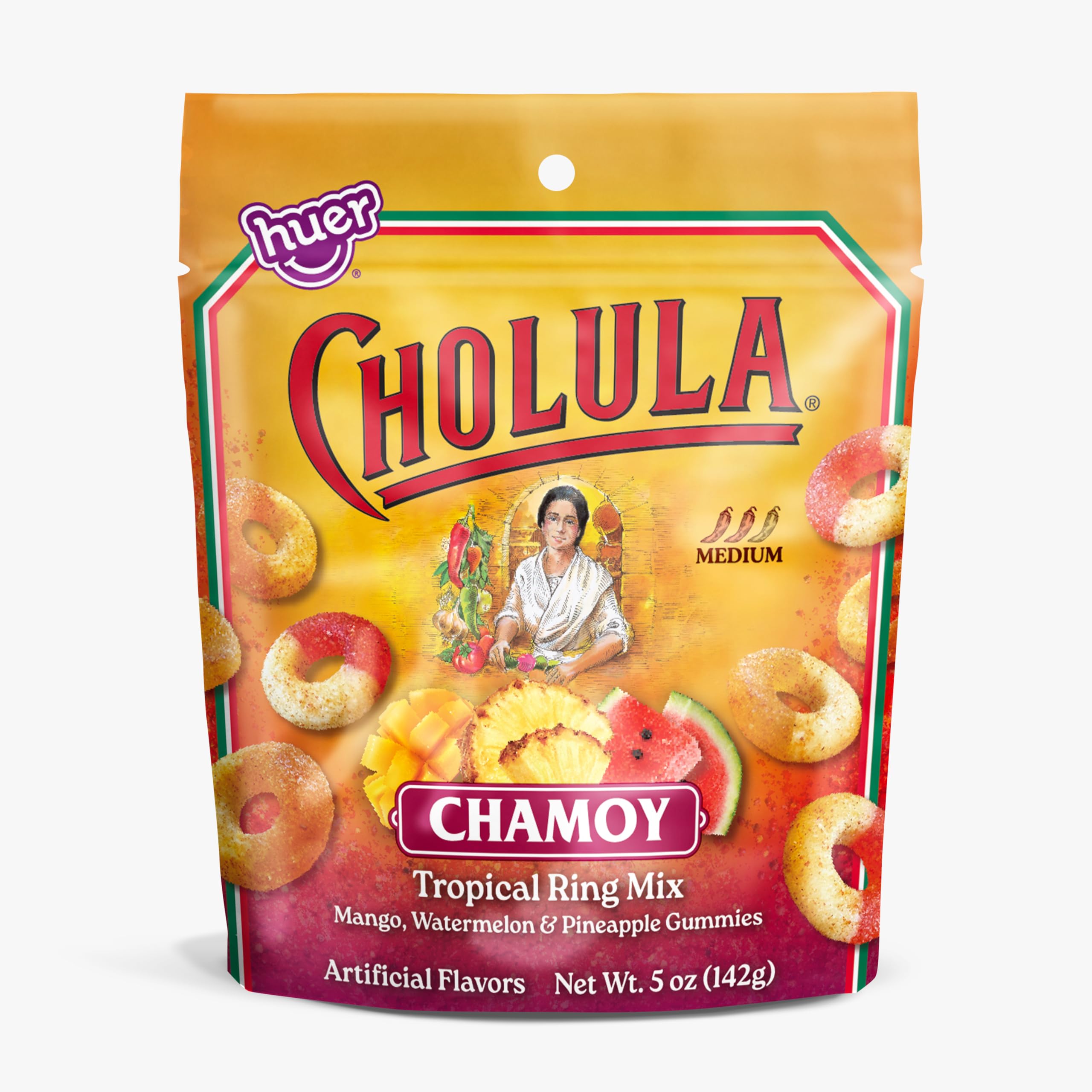 Huer – Cholula Chamoy Tropical Gummy Rings – Sweet & Spicy Mango, Watermelon & Pineapple Candy with Cholula Twist – 5oz Bag (Pack of 2)