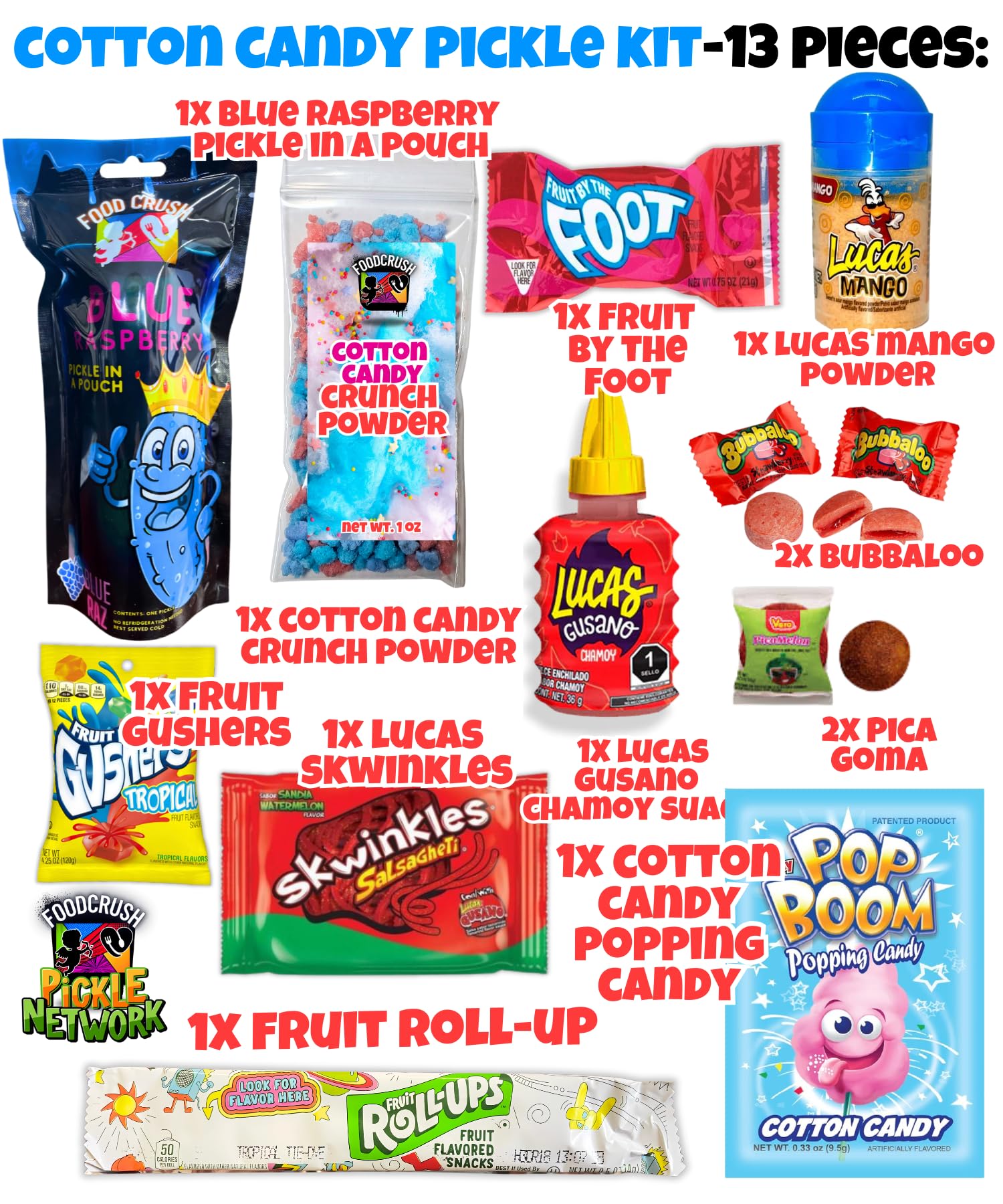 Blue Raspberry Pickle Kit With Takis-Mexican Candy Gift Box From Tiktok Fruit Rollup, Lucas Gusano Chamoy, Lucas Swinkles Salsagheti, Gushers, Mango Candy Powder-Tiktok Trend Item by Food Crush