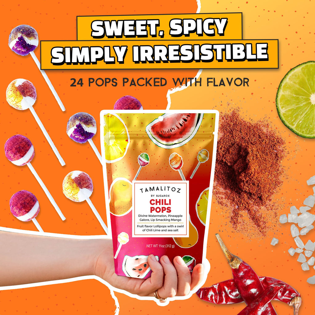 Tamalitoz Chili Pops Chamoy Spicy Mexican Lollipops with Chili, Lime, Sea Salt, Coconut, Tamarind & Cucumber Flavors Fruity Handcrafted Candy, Gluten-Free, Kosher, 2 Bags, (11oz)