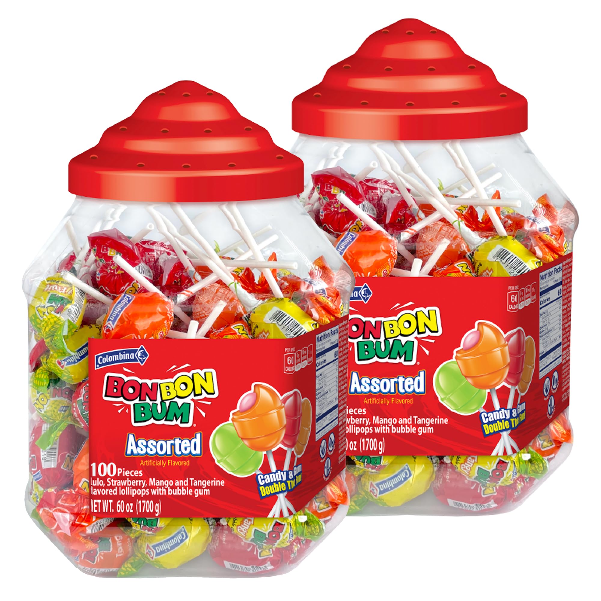 Colombina Bon Bon Bum Lollipops Assorted Flavor, 100 Count (1 Jar)