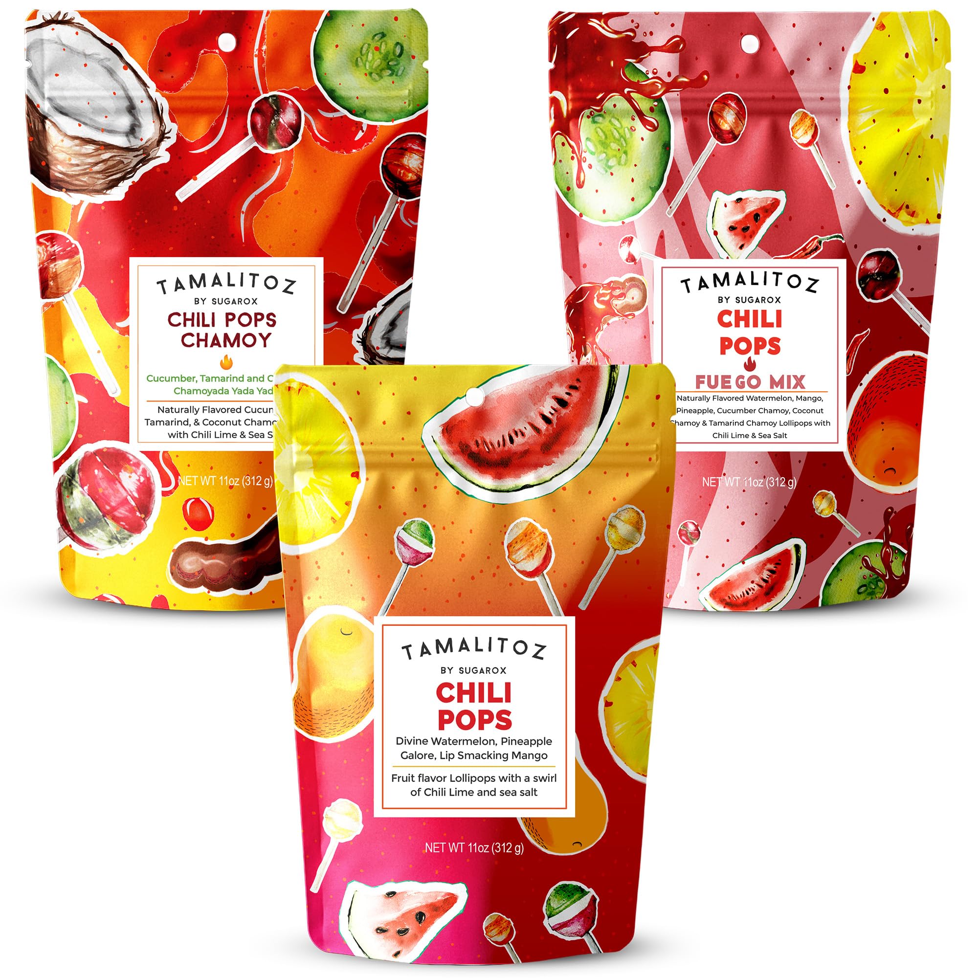 Tamalitoz Chili Pops Chamoy Spicy Mexican Lollipops with Chili, Lime, Sea Salt, Coconut, Tamarind & Cucumber Flavors Fruity Handcrafted Candy, Gluten-Free, Kosher, 2 Bags, (11oz)