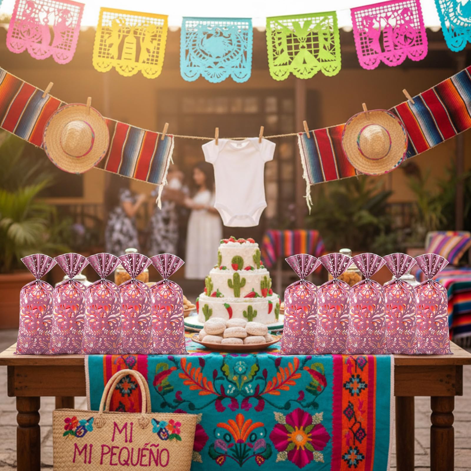 Funrous 100 Pcs Cielito Lindo Candy Bags Mexican Fiesta Gift Bags with Twist Ties Cinco De Mayo Party Favors Barro Candy Sack Talavera Sack for Mexican Wedding Fiesta Party Supplies(Brown Series)