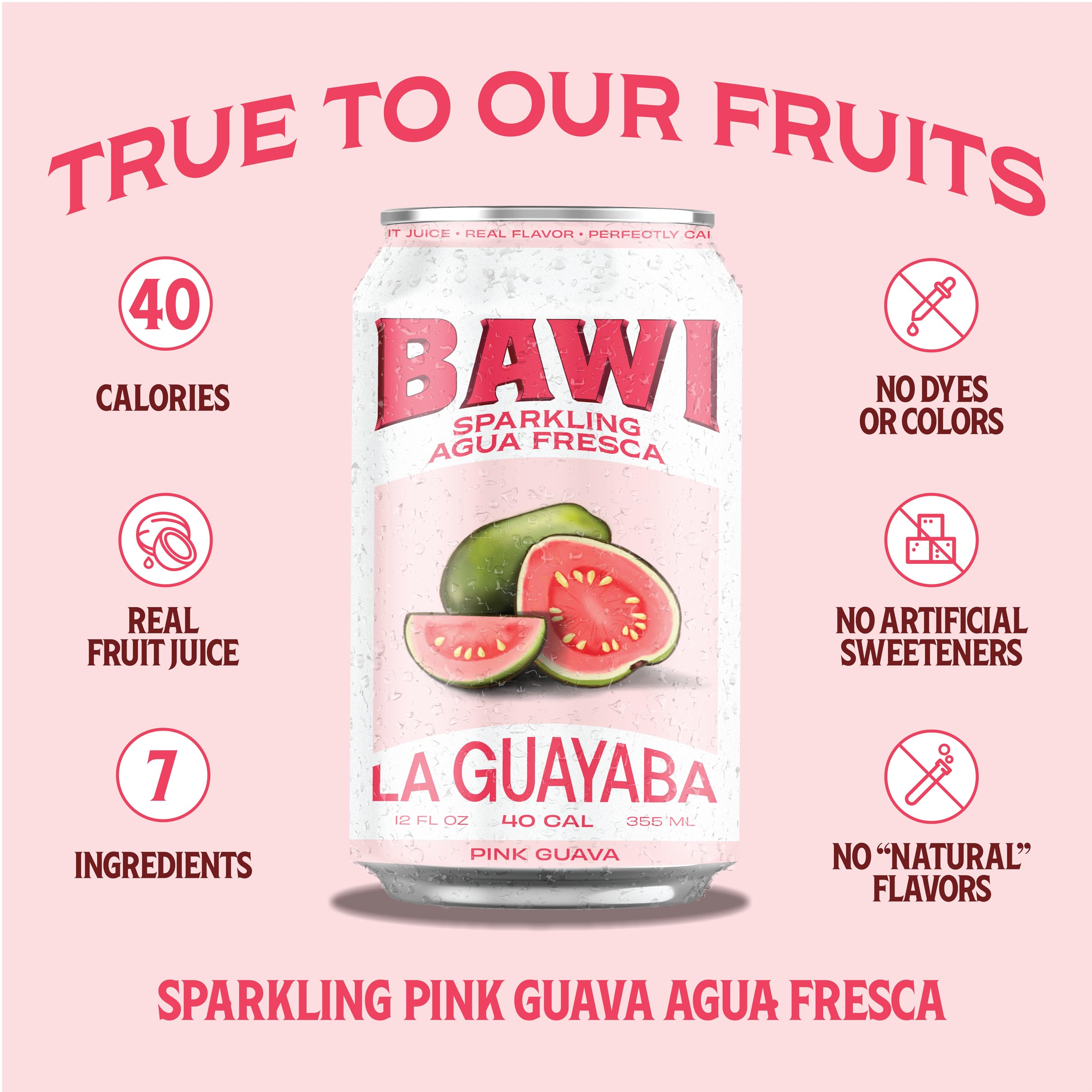 Bawi La Guayaba Sparkling Agua Fresca, Pink Guava with hints of Orange and Hibiscus, 12 Pack, 480 ml