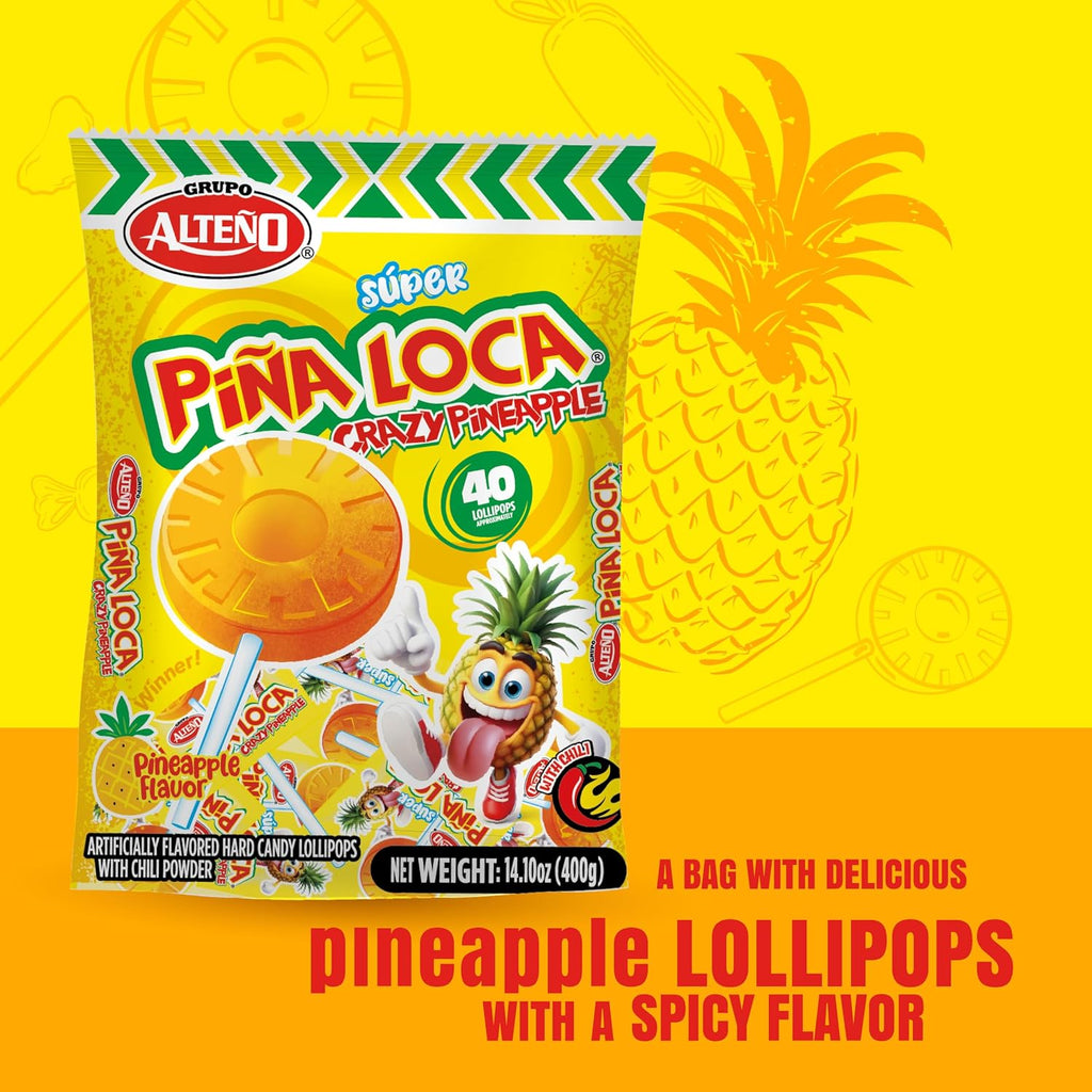 Alteño (Alteno) Super Piña Loca Pineapple Chili Lollipops, Mexican Style Spicy Hard Candy, Individually Wrapped, 40 Count