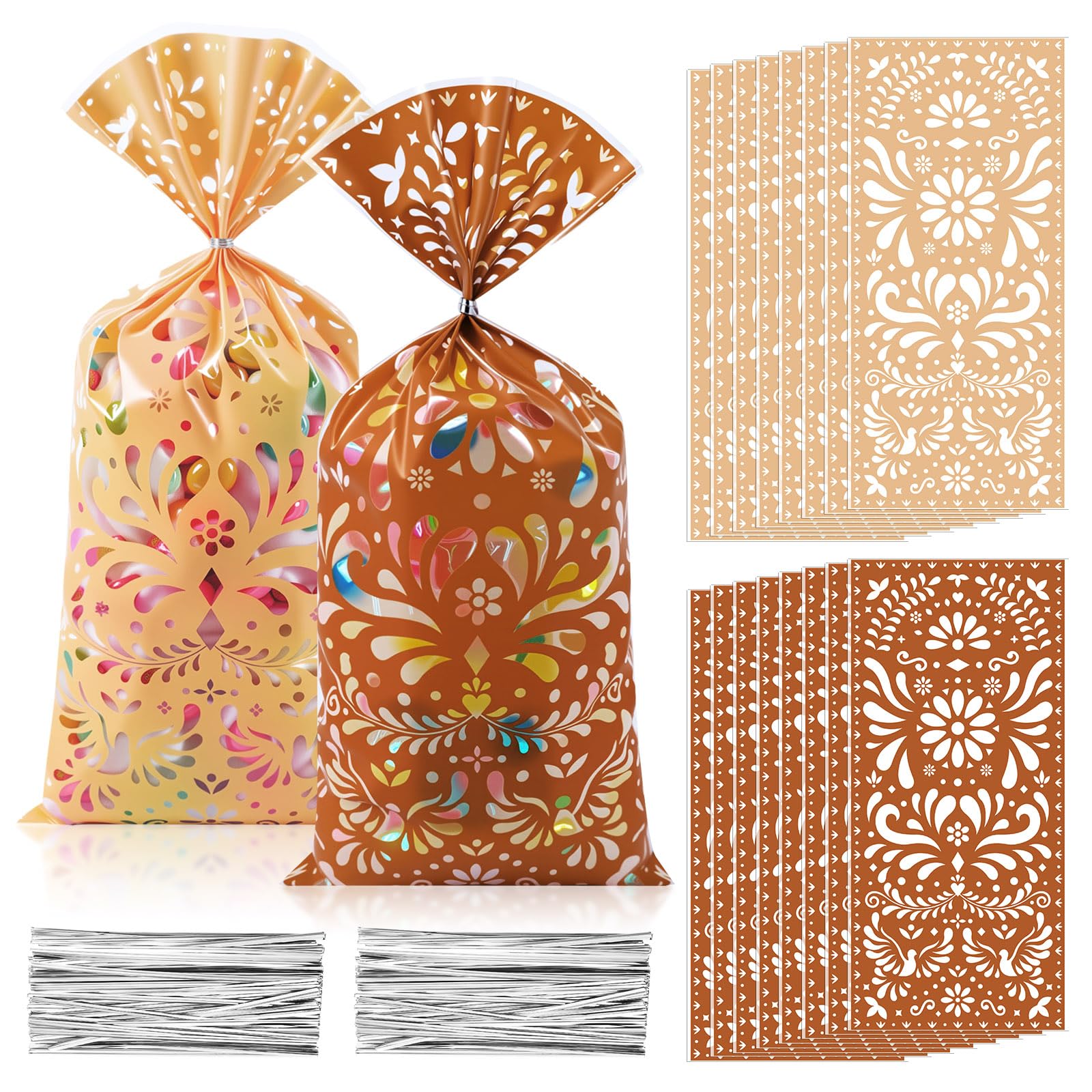 Funrous 100 Pcs Cielito Lindo Candy Bags Mexican Fiesta Gift Bags with Twist Ties Cinco De Mayo Party Favors Barro Candy Sack Talavera Sack for Mexican Wedding Fiesta Party Supplies(Brown Series)